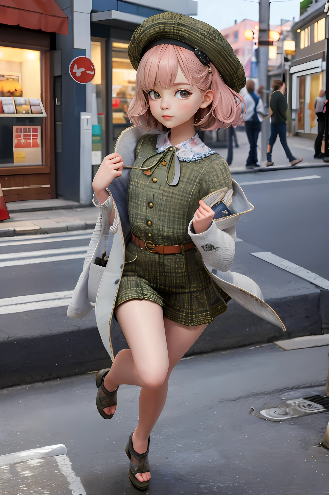 Narrow waist, Cute, Blush, Flat chest, 3D, 1girll, view the viewer, (street fashion), full body, Masterpiece, Best quality, 8K, Detailed skin texture, Detailed cloth texture, Beautiful detailed face, Intricate details, Ultra detailed