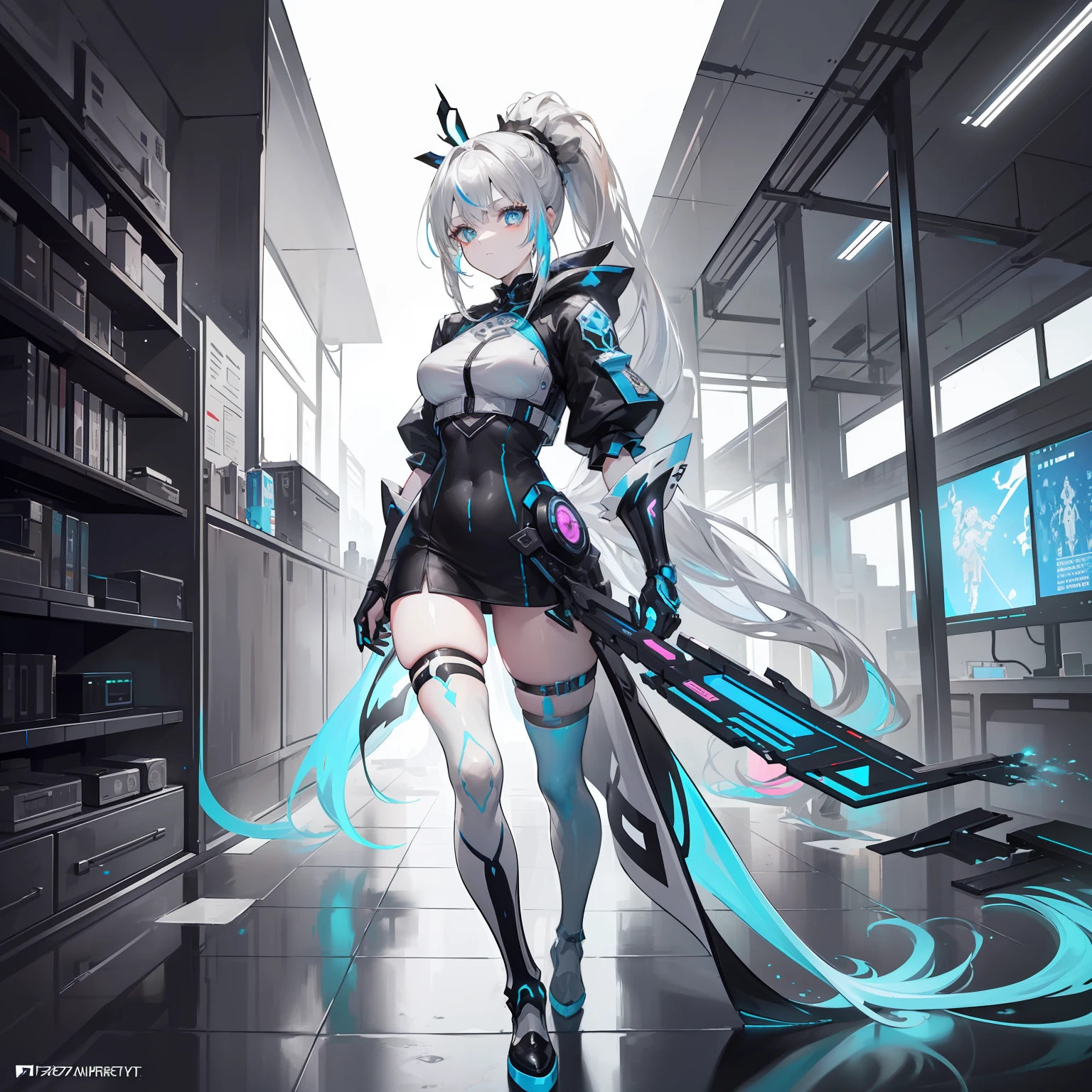 Cyberpunk woman，fansty world，white light background，Clean design，Epic Instagram，art  stations，Colorful paint splashes，contours，Hyper-detailed intricate details，unreal-engine，fanciful，Complicated details，splash image，complementary colours，fantasy concept art，8K分辨率，A masterpiece of deviantart，oil painted，Heavy strokes，paint drips，（Isolate on a white background：1.3），Rainbow skins，(((beautiful young))), ((Girly lower body 1.5)), (Glowing light blue eyes), ((Eyes have light))，((((Gray and tall ponytail hair 1.1))), ((black andwhite，Tall figure