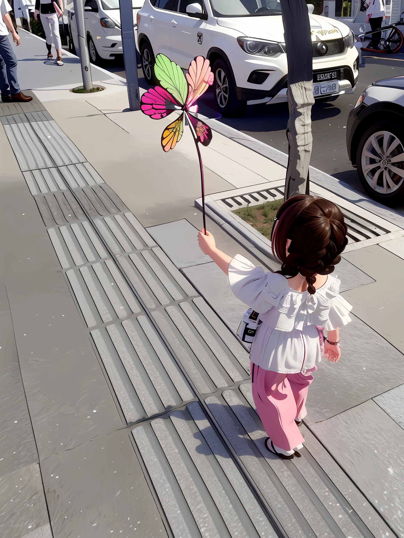 Little girl with a windmill, White flower clothes, Pink pants, Two small braids, Anime style