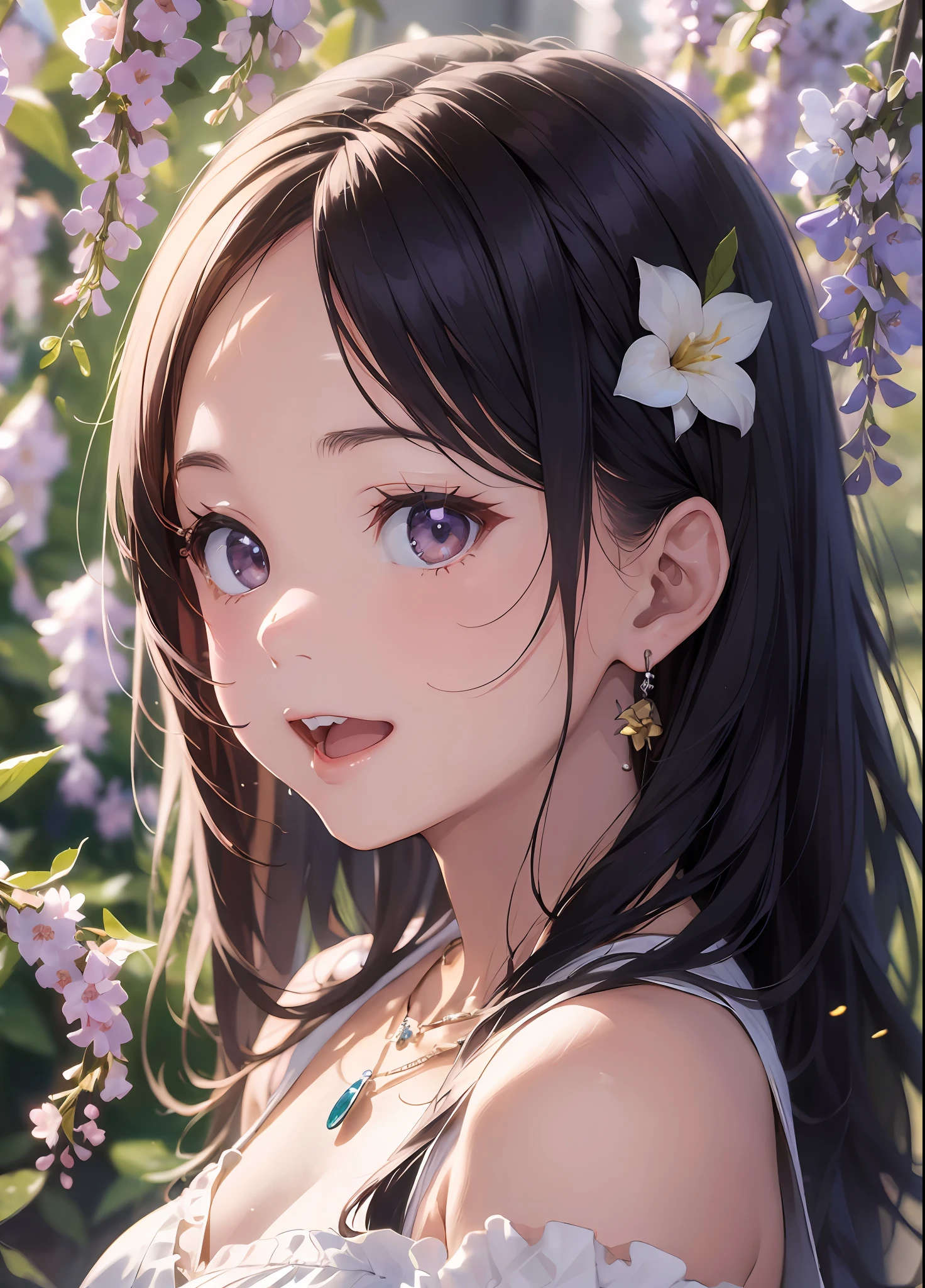 Beautuful Women、(top-quality、in 8K、32K、masterpiece、nffsw:1.3)、(Photorealsitic:1.4)、Detailed skin、Big laugh、Elegance、top grade、Sunglare、lensflare、Detailed shading by sunlight、depth of fields、blurry backround、( White off-the-shoulder dress)、Wisteria shelf、Wisteria flower background、ear ornament、lady's、a necklace、(A sexy:1.2)、breastsout、