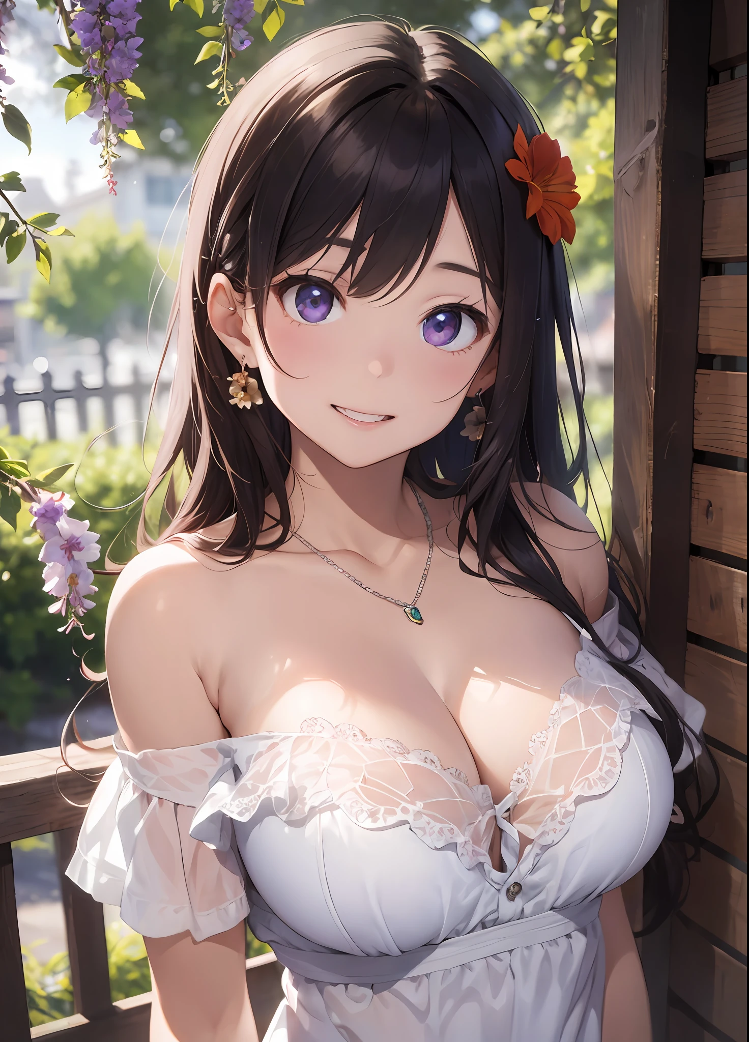 Beautuful Women、(top-quality、in 8K、32K、masterpiece、nffsw:1.3)、(Photorealsitic:1.4)、Detailed skin、Big laugh、Elegance、top grade、Sunglare、lensflare、Detailed shading by sunlight、depth of fields、blurry backround、( White off-the-shoulder dress)、Wisteria shelf、Wisteria flower background、ear ornament、lady's、a necklace、(A sexy:1.2)、breastsout、