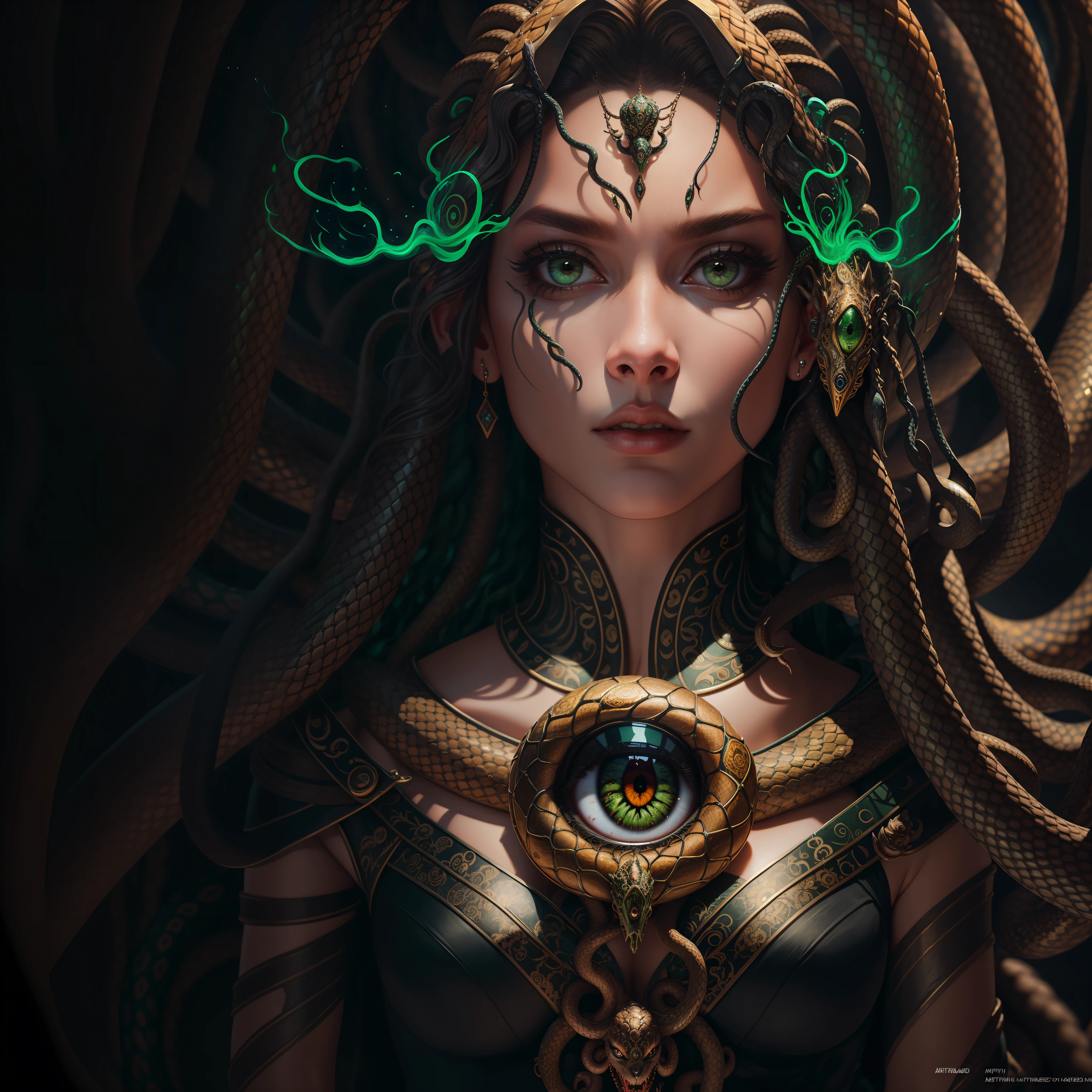 ((best quality)), ((masterpiece)), ((realistic)), Medusa, full body, the hair is composed of countless small snakes, green eyes, female face, metal carved top, royal aura, trend on artstation , sharp focus, studio photo, intricate detail, very detailed, detailed eye, illustration, very detailed, sharp focus, digital render, professional, 4k