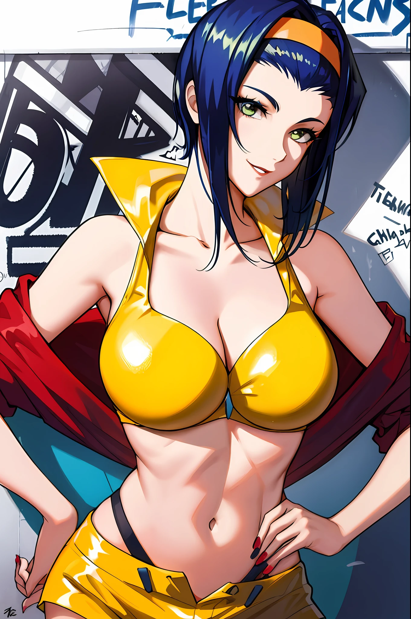 Faye Valentine, 1girl, blue hair, breasts, chain, cleavage, graffiti, hairband, hand on hip, hands on hips, headband, jacket, medium breasts, midriff, nail polish, navel, off shoulder, orange bikini, orange jacket, orange shorts, short hair, short shorts, shorts, signature, smile, solo, traditional media, yellow bikini, yellow hairband, yellow shorts, high res, detailed, intricate, stunning artwork, photo quality