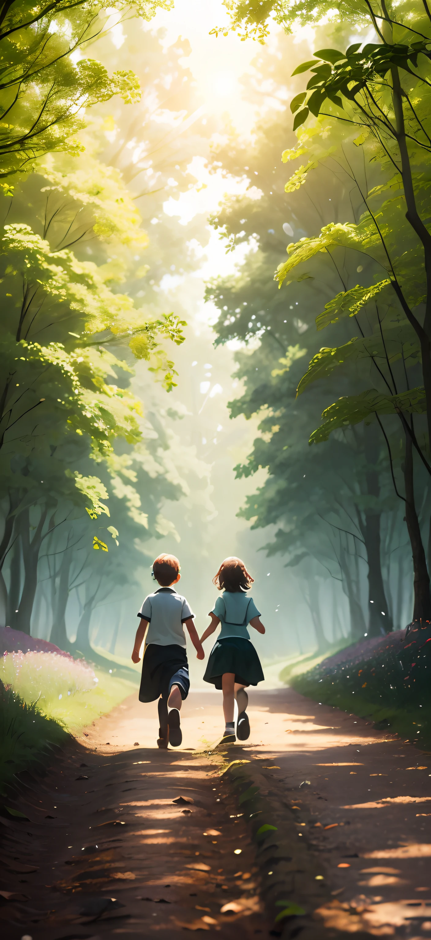 Forest in summer，The sun shines on the ground through the leaves，Green meadows and flowers，Two children，Small windmill in hand，running into the distance