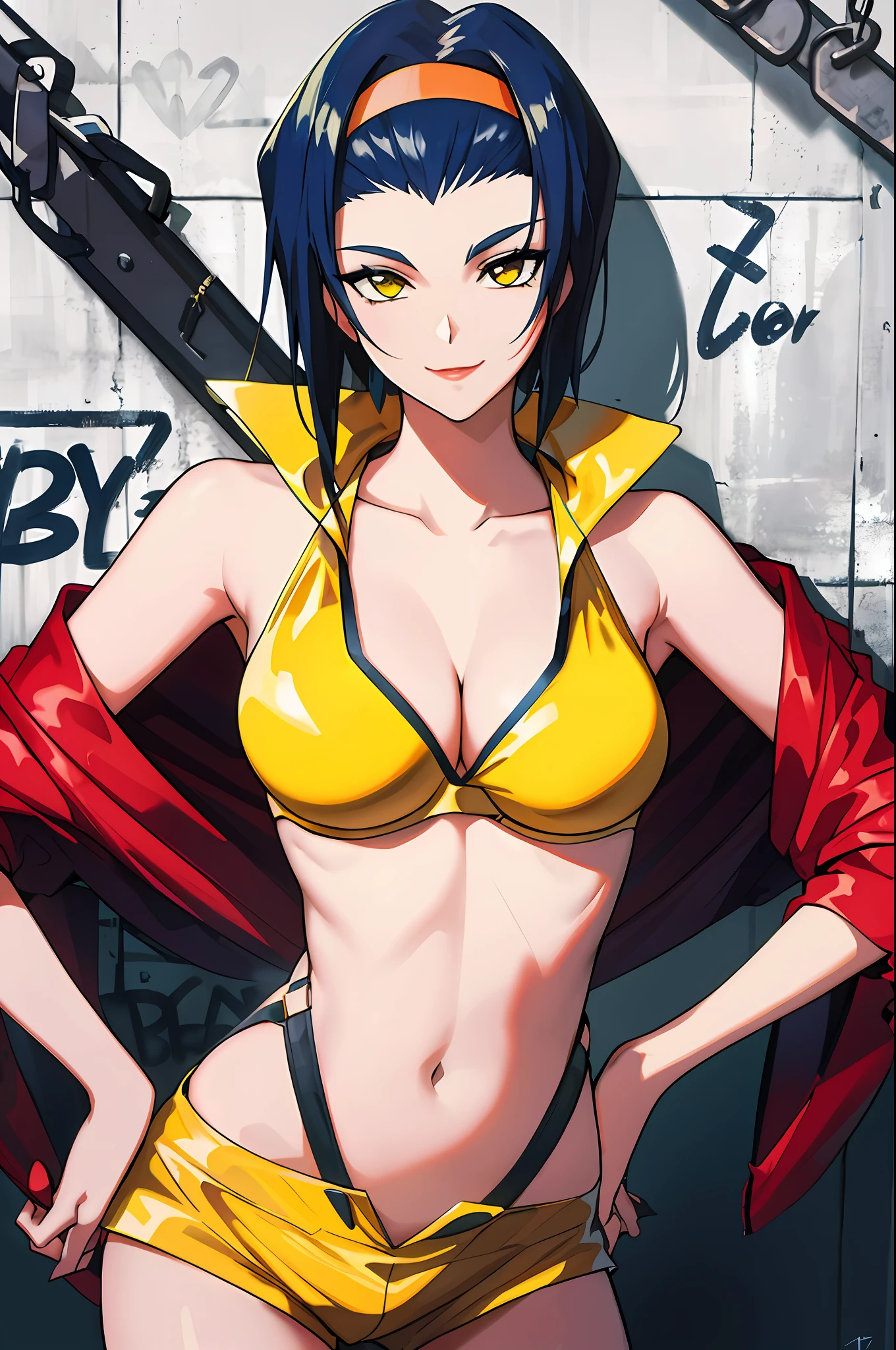 Faye Valentine, 1girl, blue hair, breasts, chain, cleavage, graffiti, hairband, hand on hip, hands on hips, headband, jacket, medium breasts, midriff, nail polish, navel, off shoulder, orange bikini, orange jacket, orange shorts, short hair, short shorts, shorts, signature, smile, solo, traditional media, yellow bikini, yellow hairband, yellow shorts, high res, detailed, intricate, stunning artwork, photo quality