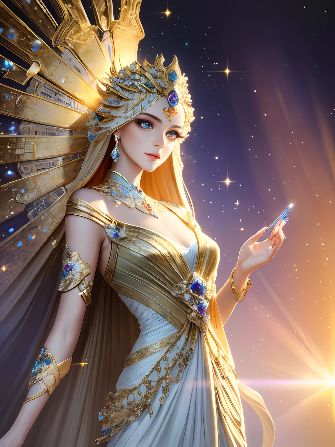 ((best quality)), ((masterpiece)), ((realistic)), Pretty slim Lady with nice body contour, celestial, deity, goddess, light particles, magic, light rays, reflections, (colorful), ray tracing, elegant dress, beautiful, pretty, detailed face, detailed eyes, illustration, highly detailed, sharp focus, digital render, professional, 4k, artstation,