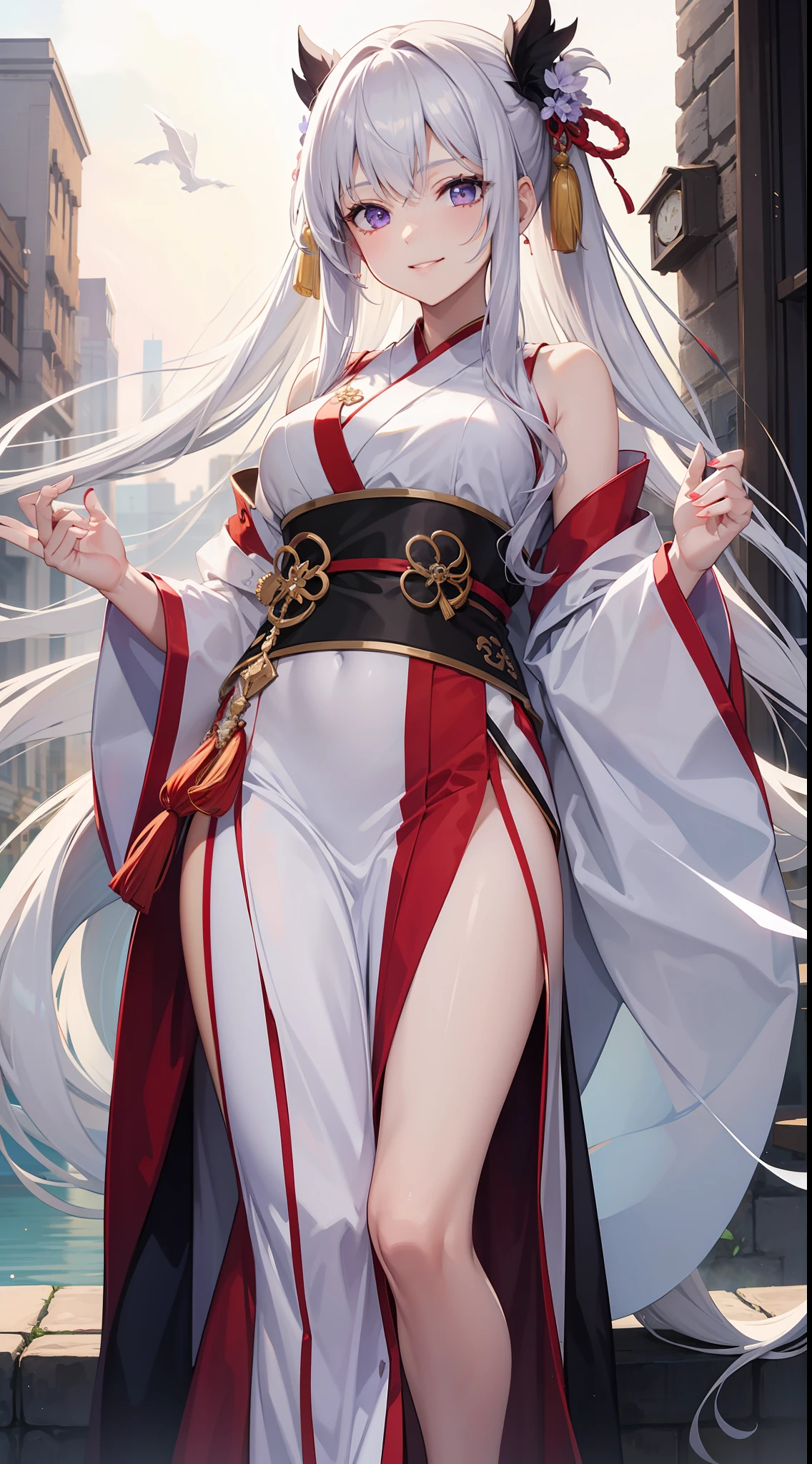 Fashionable girl, Long white hair, violet eyes, White Hanfu, smirk, open breasts, a sword, Masterpiece, hiquality