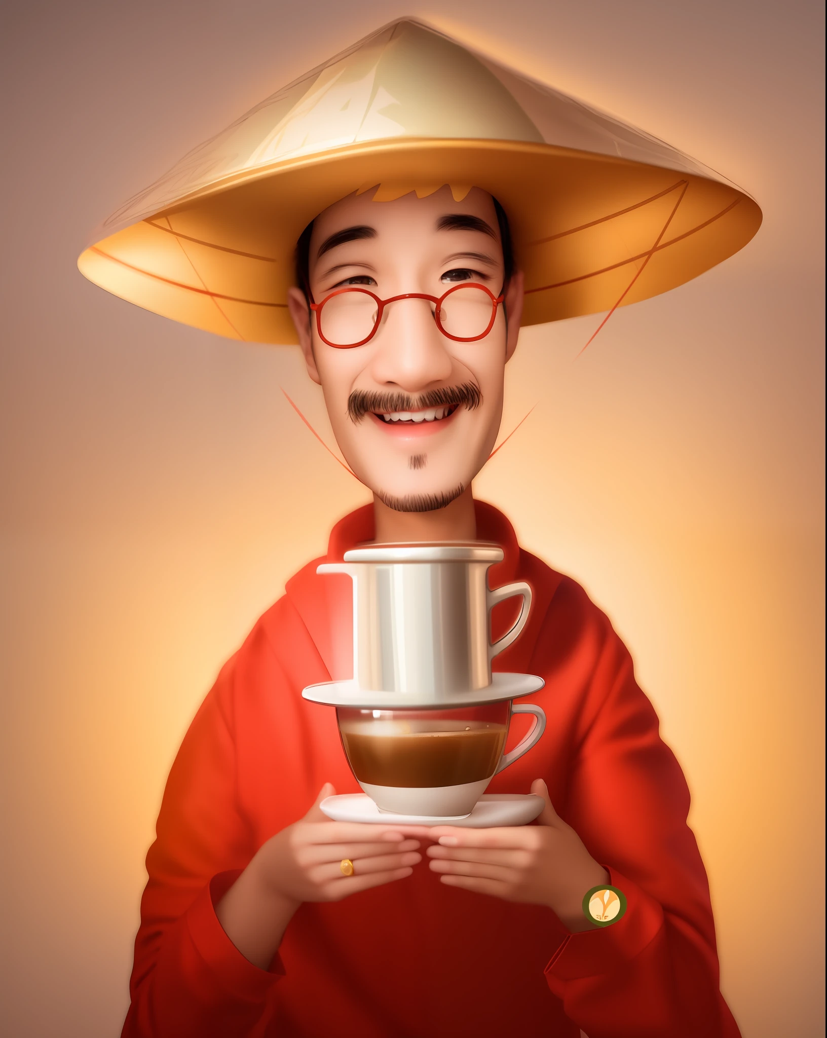 the image of a Vietnamese man wearing a conical hat, holding a coffee cup, smiling mouth, red shirt, Extremely detailed, very realistic, very sharp, hyperrealistic, best quality, masterpiece