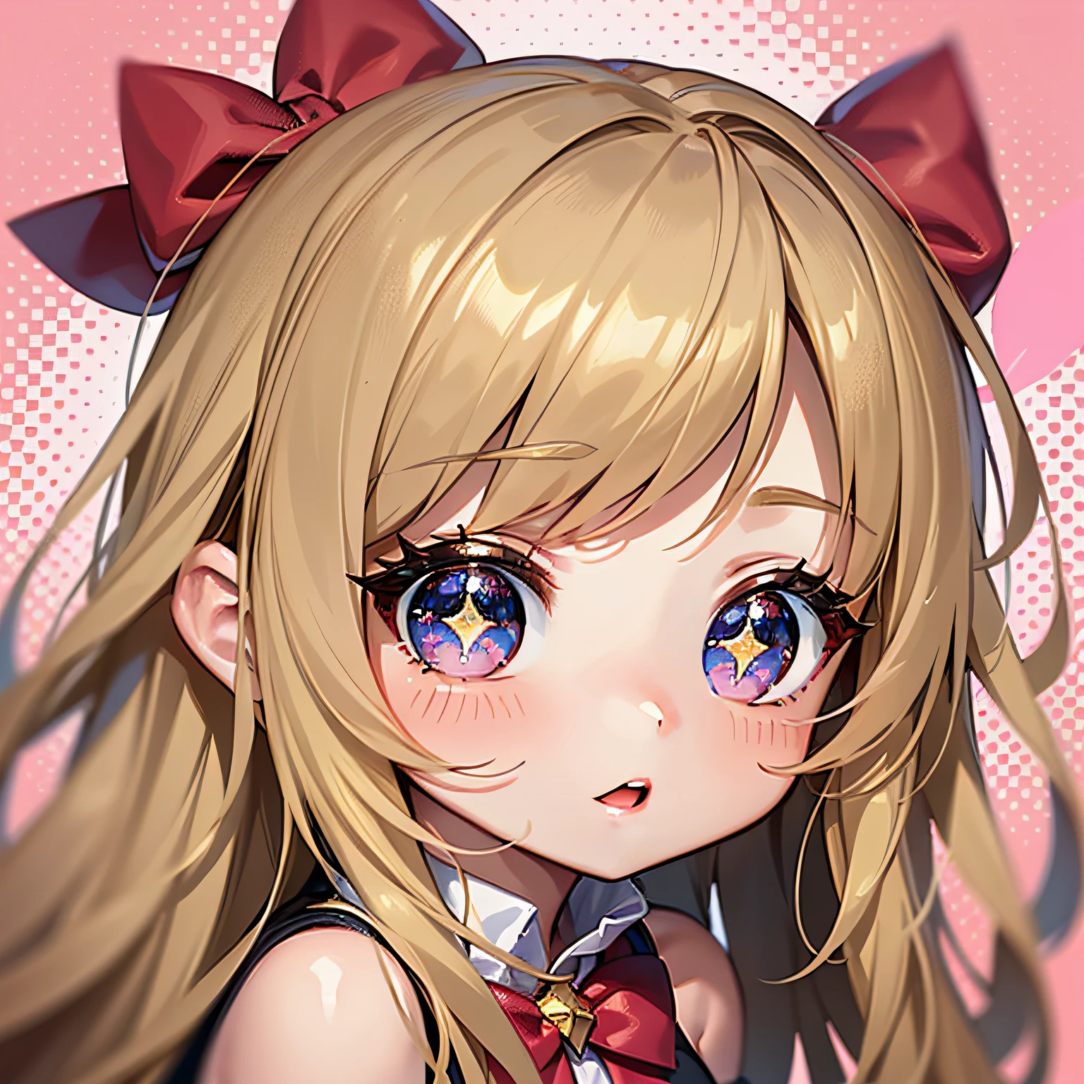 perfect-composition、Perfect pictorial composition、Cartoon girl with long hair、cartoon artstyle、Cartoon Cute Girl、Chibi Girl、Chibi、cute cartoon style、Cute art style、Cartoon style、Cartoon style illustration、Digital art of cartoons、Cute digital art、Cute anime girl、Chibi、estilo chibi、Kawaii Girl、an anime drawing、pop-art、Cartoon style illustration、3Equivalent、Head large、kawaii eyes、Glitter eyes、Sparkling eyes、kawaii faces、Innocent face、smooth hair、a blond、Golden hair、Pink ribbon、Girl in polka dot dress, cute kawaii girl, Cute anime girl, The upper part of the body、Oblique、Pink background、tchibi、Has a small、Mini、Chibi、Hair is grated、Hair does not tie、Wearing a red ribbon in her hair