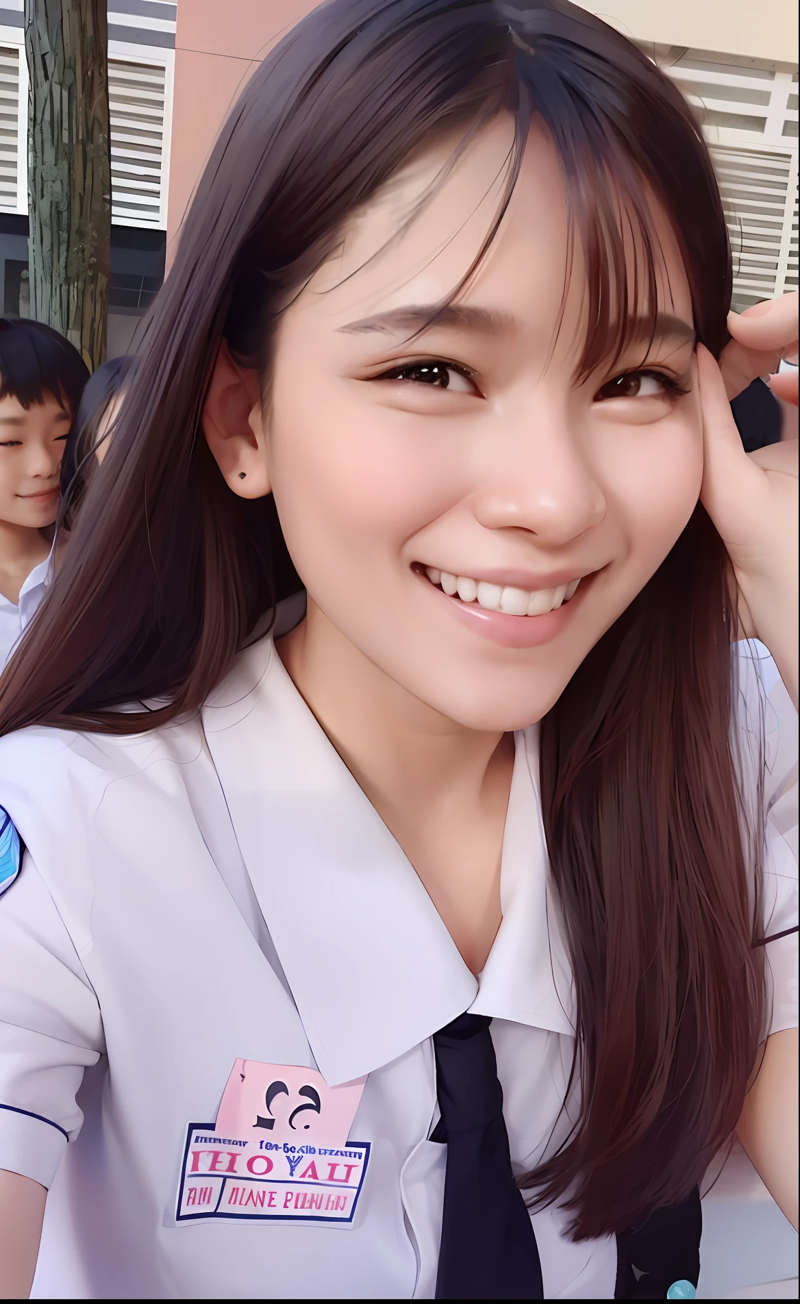 there is a woman in uniform smiling and posing for a picture, dang my linh, ruan cute vtuber, lovely smile, nivanh chanthara, student, slight cute smile, mai anh tran, with a beautifull smile, friendly smile, she is smiling, pretty smile, she is smiling and happy, charming smile, profile image