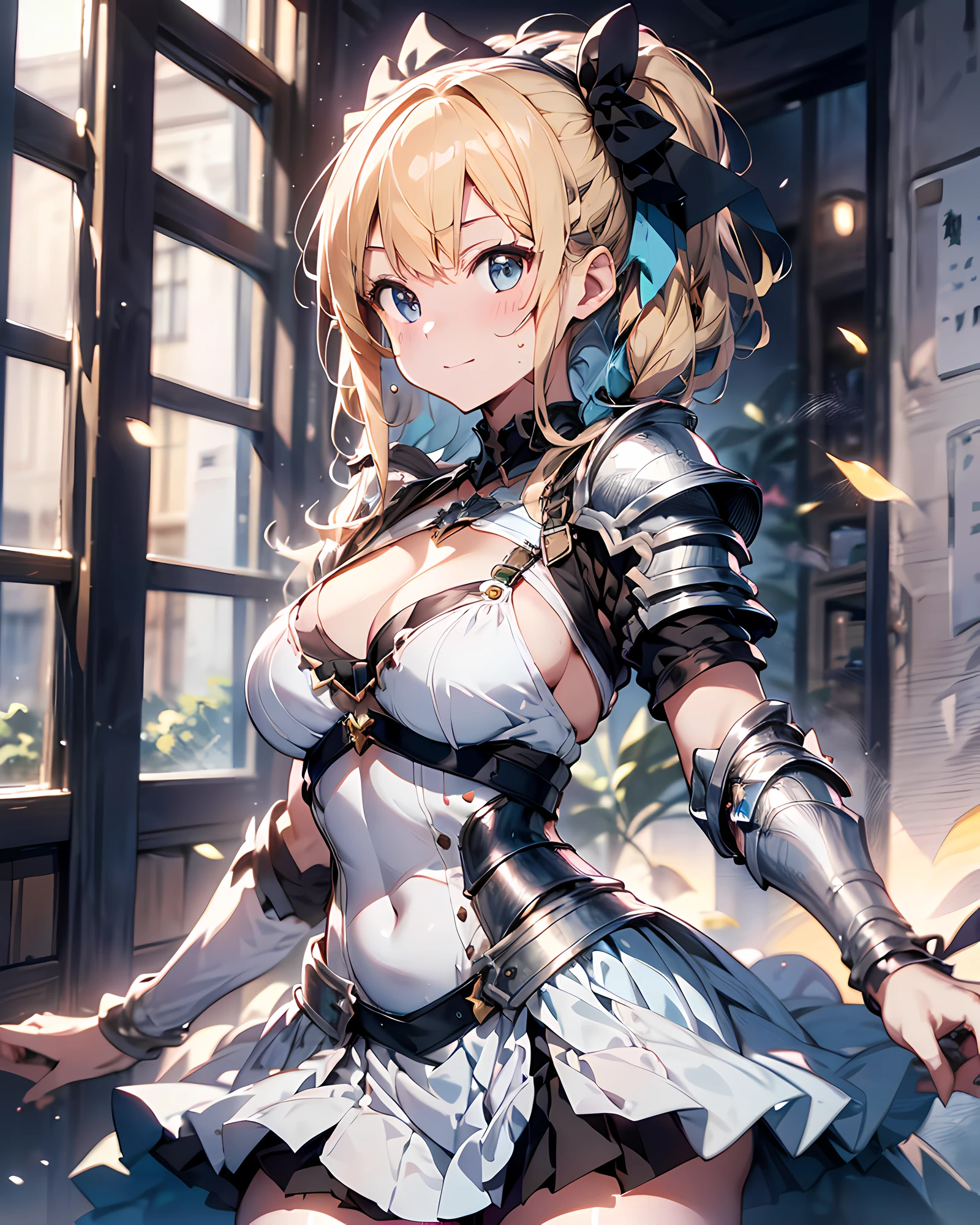 ((illustration of training blonde princess Knight at royal palace), Masterpiece, best quality, (absurdres)), ((highres)), (ultra-detailed:1.3), (cowboy shot:1.3), (1 girl:1.3), character focus, BREAK,  (wearing a white knight heavy armor with a pleats skirt:1.37), plate mail, BREAK, (blonde hair:1.3, pony-tail hair with blue hair ribbon), (large breasts:1.37, disproportionate-breasted:1.27), slender, abs, clean face, detailed beautiful face, (beautiful anime waifu face:1.3), full-face blush, sweat, fog, steam, gorgeous royal palace at early morning background, (standing, open stance, random posing), serious emotion, princess smile, detailed eyes, detailed arms, detailed hands, detailed figures, detailed body, sharp focus, centered image, looking straight viewer,