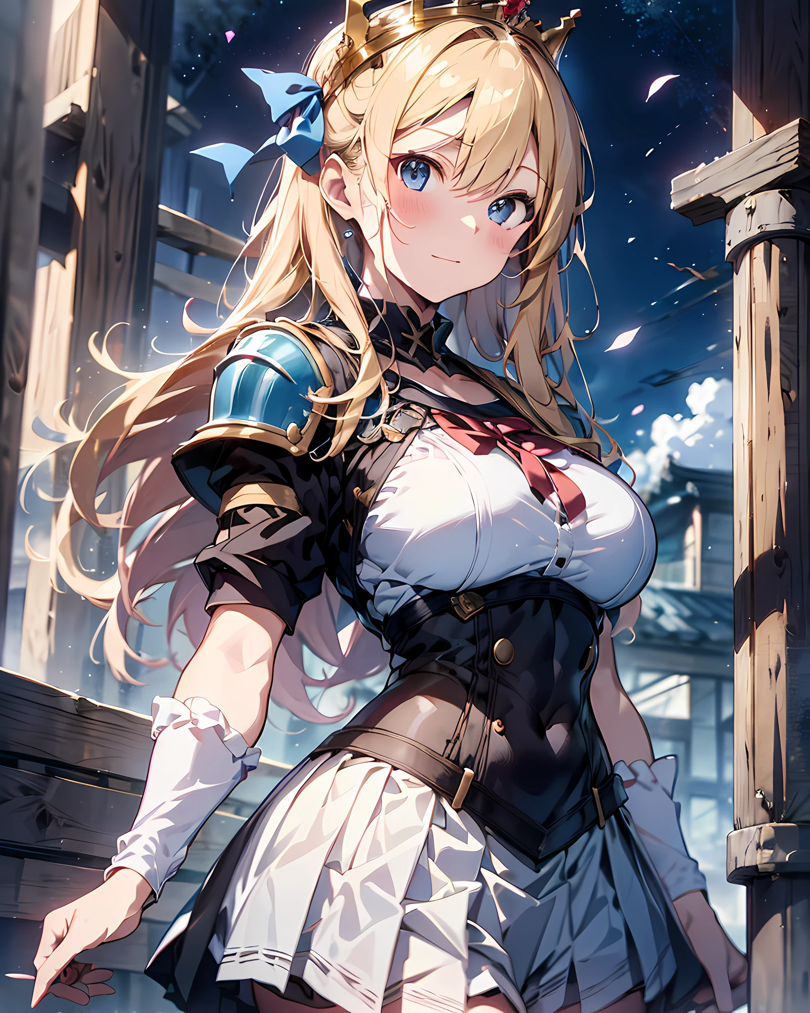 ((illustration of training blonde princess Knight at royal palace), Masterpiece, best quality, (absurdres)), ((highres)), (ultra-detailed:1.3), (cowboy shot:1.3), (1 girl:1.3), character focus, BREAK,  (wearing a white knight heavy armor with a pleats skirt:1.37), plate mail, BREAK, (blonde hair:1.3, pony-tail hair with blue hair ribbon), (large breasts:1.37, disproportionate-breasted:1.27), slender, abs, clean face, detailed beautiful face, (beautiful anime waifu face:1.3), full-face blush, sweat, fog, steam, gorgeous royal palace at early morning background, (standing, open stance, random posing), serious emotion, princess smile, detailed eyes, detailed arms, detailed hands, detailed figures, detailed body, sharp focus, centered image, looking straight viewer,