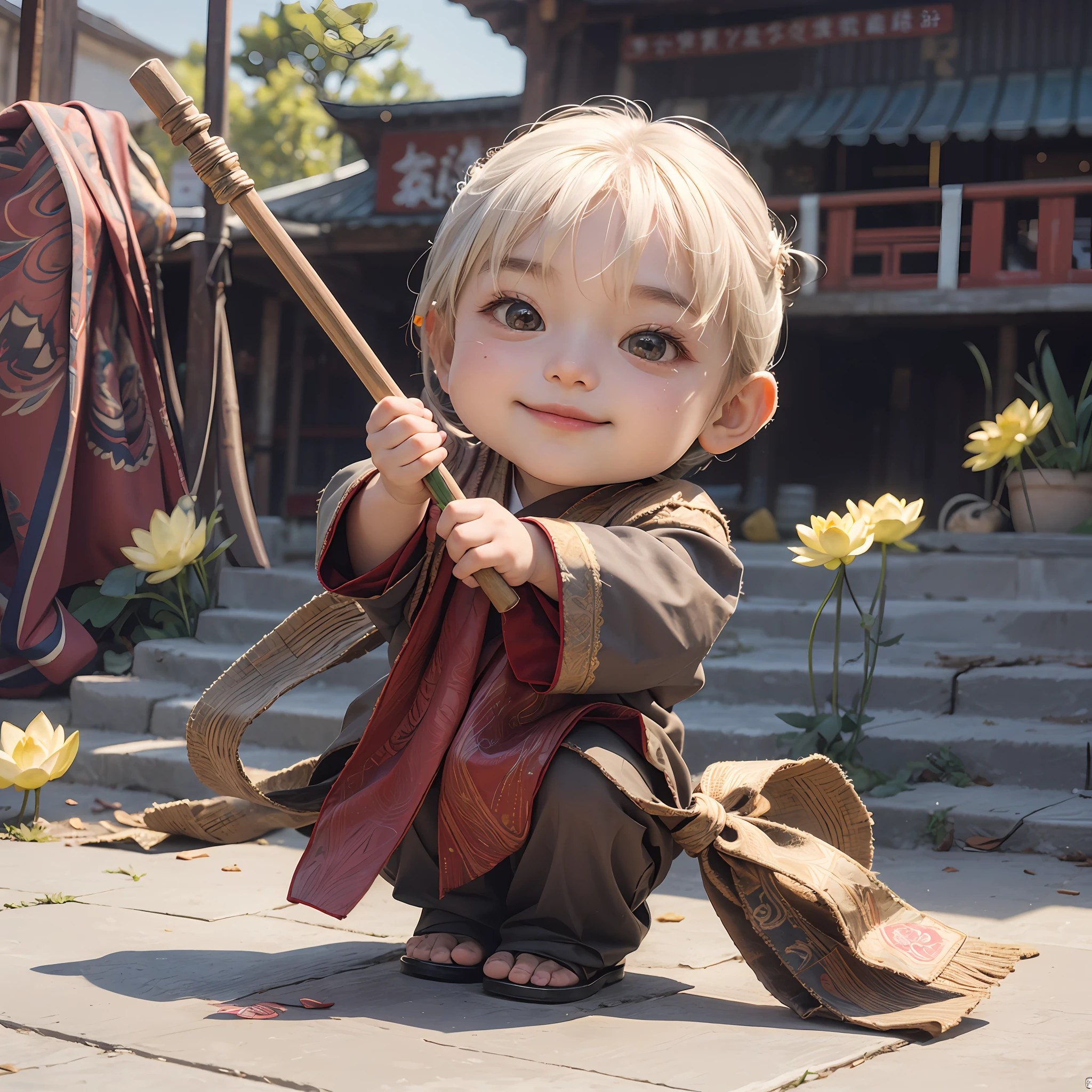 a 3-year-old a,Wearing a white monk's robe,Chubby little face,Big round eyes,A High Bridge of nose,With a smile,had his hands folded,Sit cross-legged。Lotus pattern on background。k hd