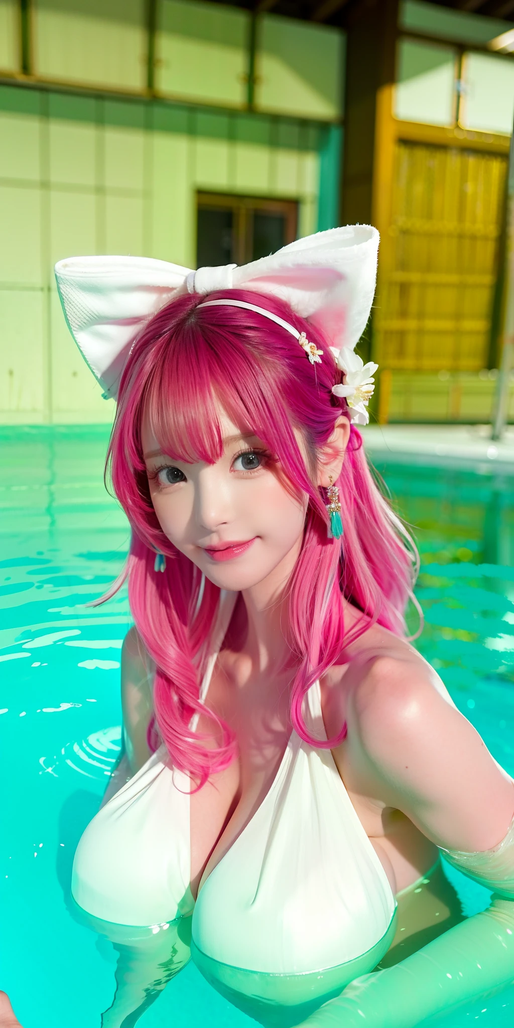 (8k, 4k, best quality, highres:1.2), (maasterpiece, realistic, photo realistic:1.37), 1girl, solo, beautiful face, eyelashes, nose, glossy lips, (detailed eyes, looking at viewer, fair skin, white skin:1.5), fine complexion, upper body,
large , busty, .5),
outdoor onsen,
two side up, absurdly long hair, blonde hair, pink hair, bangs, hair ornament, bow,
younger, aged down,