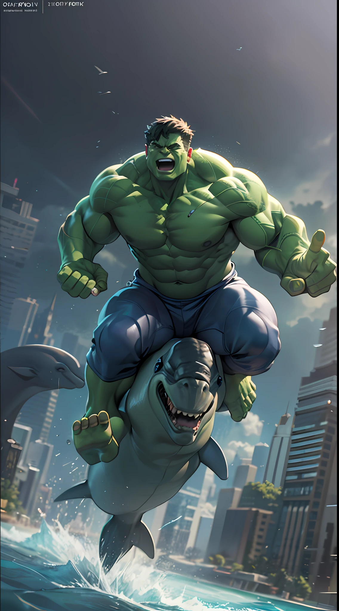 hulk riding dolphin. octane render, unreal engine, highly detailed, intricate
