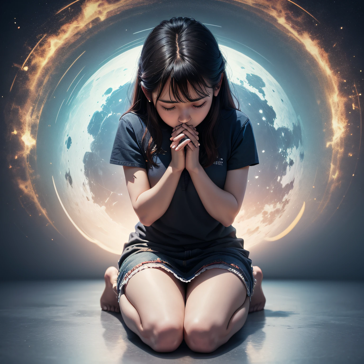 A person kneeling, praying with hands together, sideways, in the center of the image --auto