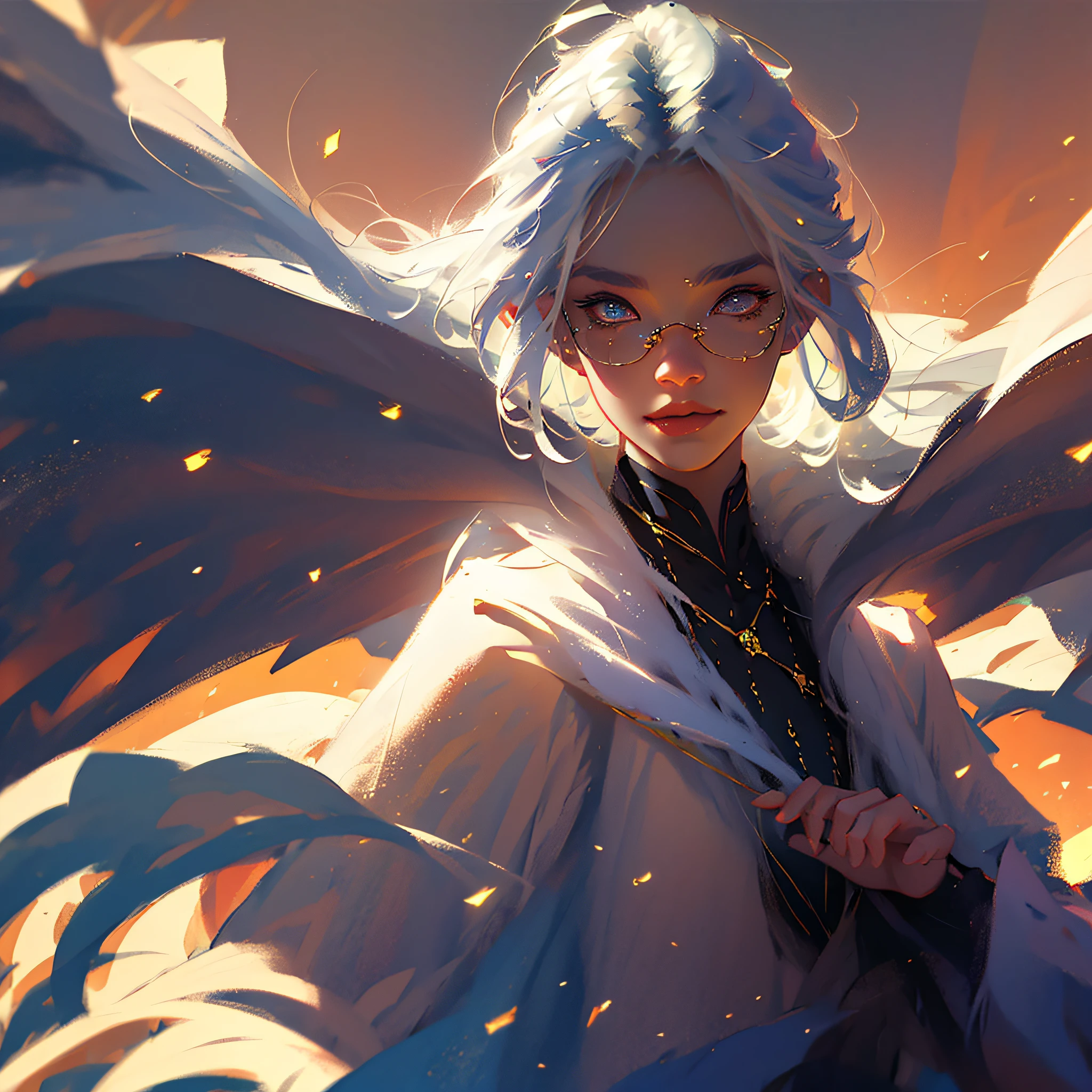 colored inner hair, white hair, over-rim eyewear, eye reflection, seductive smile, Verism, cinematic lighting, first-person view, lens flare --auto