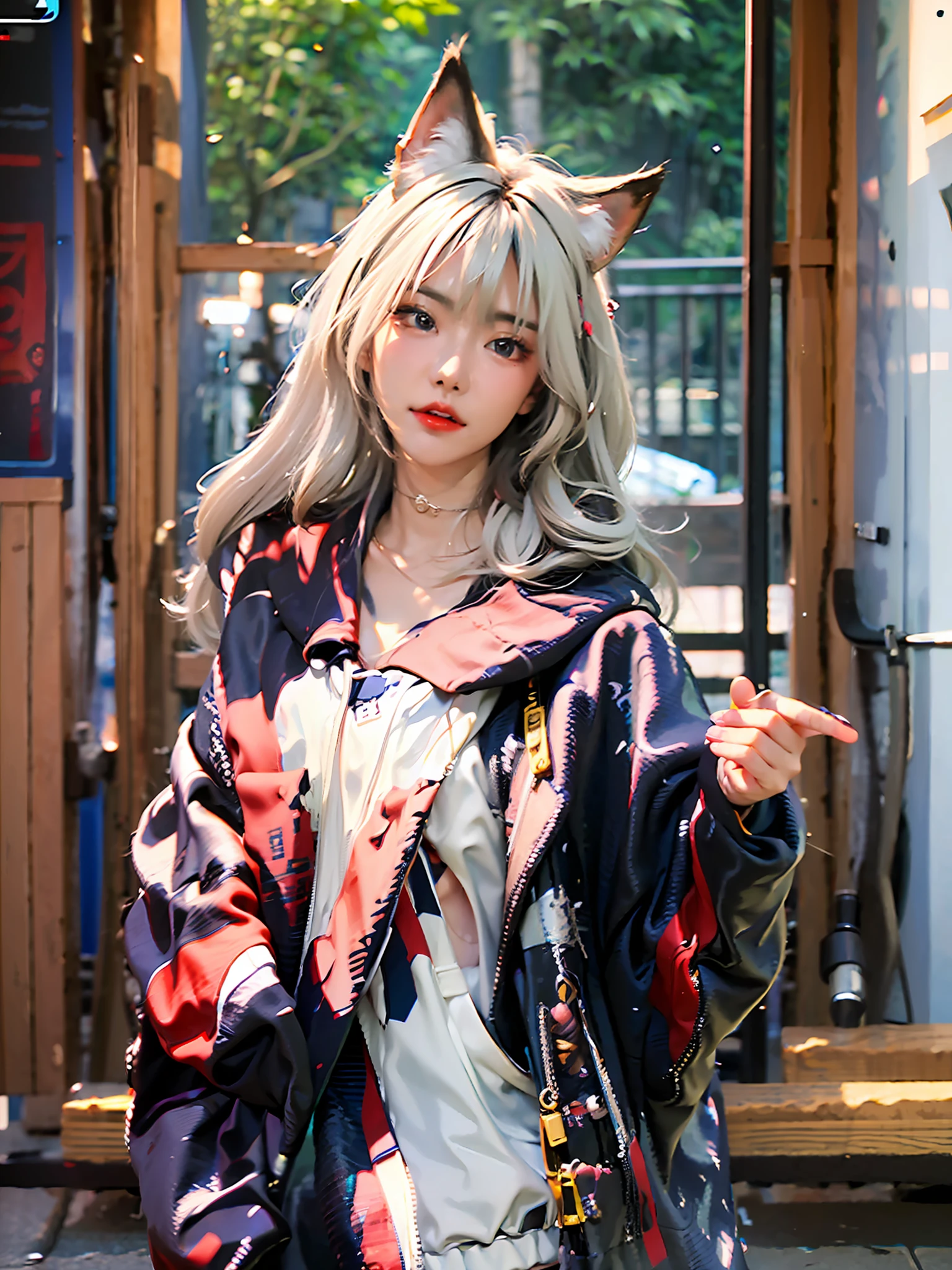 ((4K,Masterpiece,Best quality)), shuimobysim,，Hanfu, maxikit, White hair, fox ear, white colors, Pure girl，White silk long legs