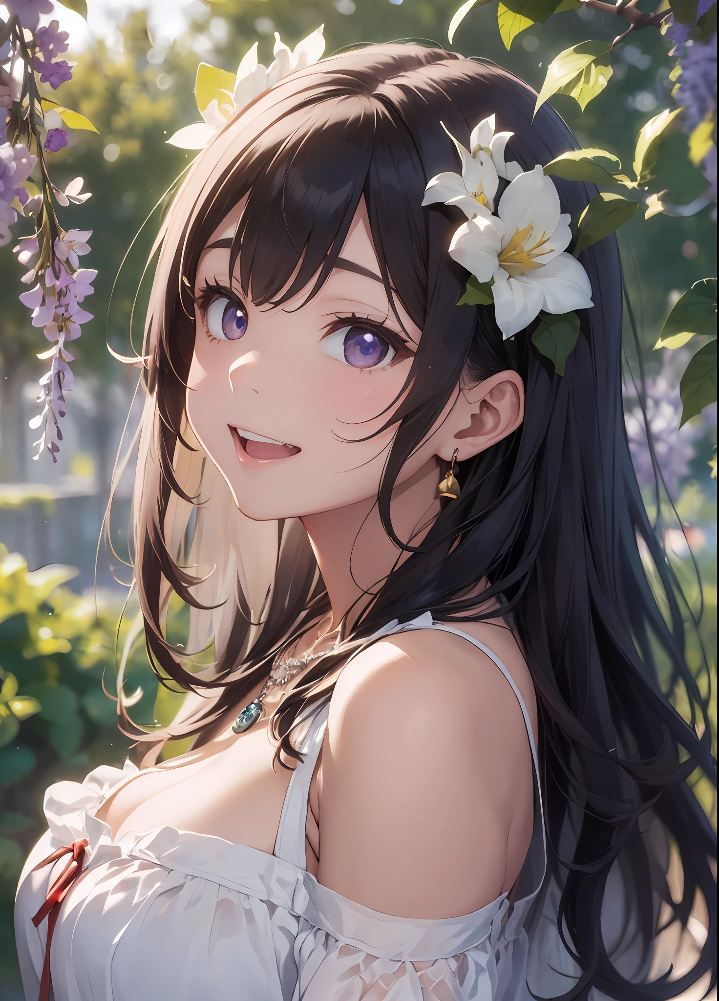 Beautuful Women、(top-quality、in 8K、32K、masterpiece、nffsw:1.3)、(Photorealsitic:1.4)、Detailed skin、Big laugh、Elegance、top grade、Sunglare、lensflare、Wisteria shelf、Wisteria flower background、Detailed shading by sunlight、depth of fields、blurry backround、( White off-the-shoulder dress)、ear ornament、lady's、a necklace、(A sexy:1.2)、breastsout、