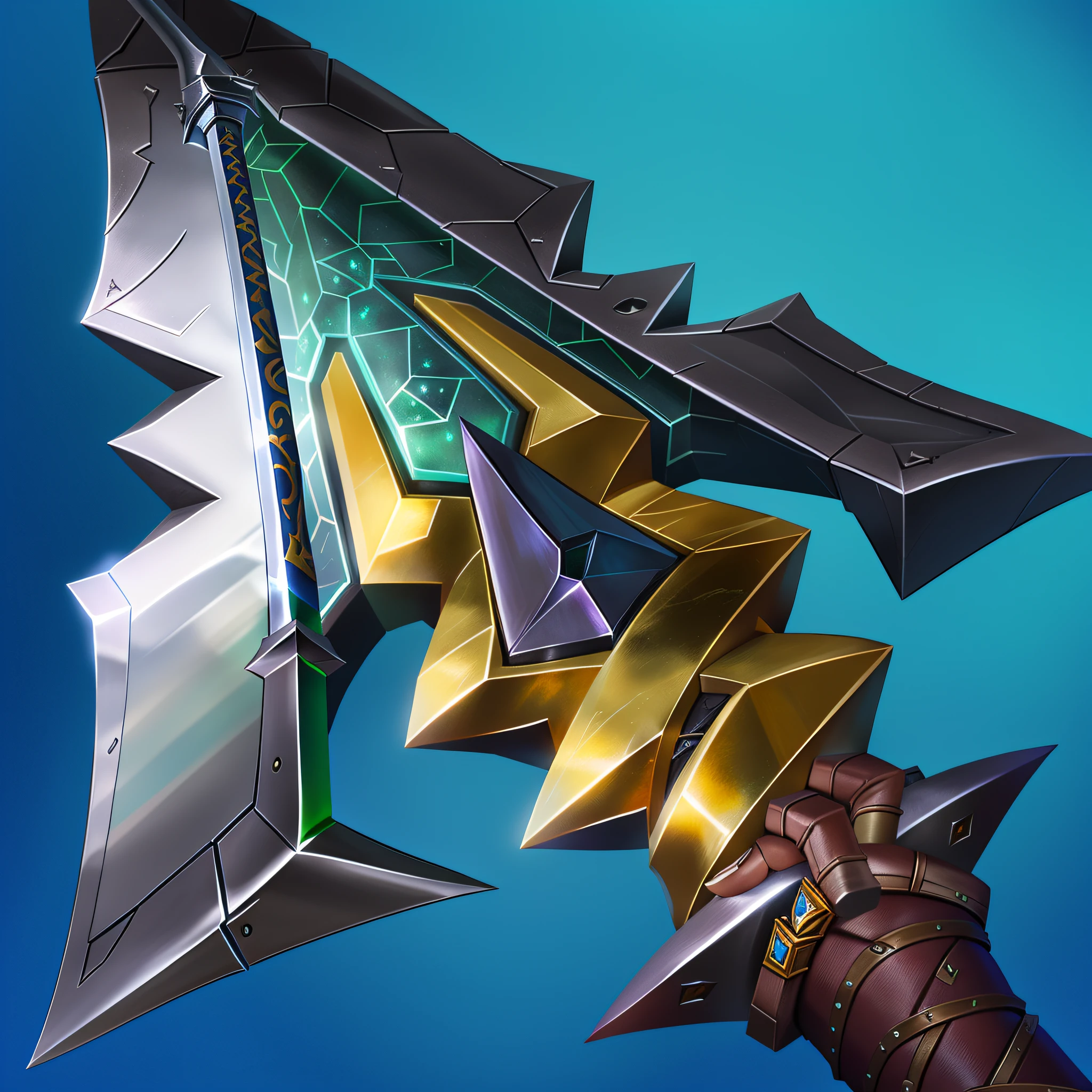 8K,Real materials,HD detail textures,Close-up of a man holding a large metal sword, battleaxe, battleaxe, The sword, Halberd, jagged sword, holding jagged scimitar, Polearm sword, league of legends inventory item, warcraft blizzard weapon art, epic legends game icon, brandishing halberd, hearthstone weapon art, hammer weapon --auto