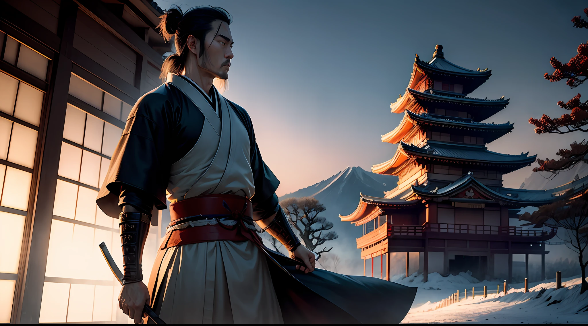 The Japanese samurai pulls out his knife and turns his back to the camera,Japanese palace in background,epic sense,Feelings of despair,cold shades,Cinematic lighting effects --auto