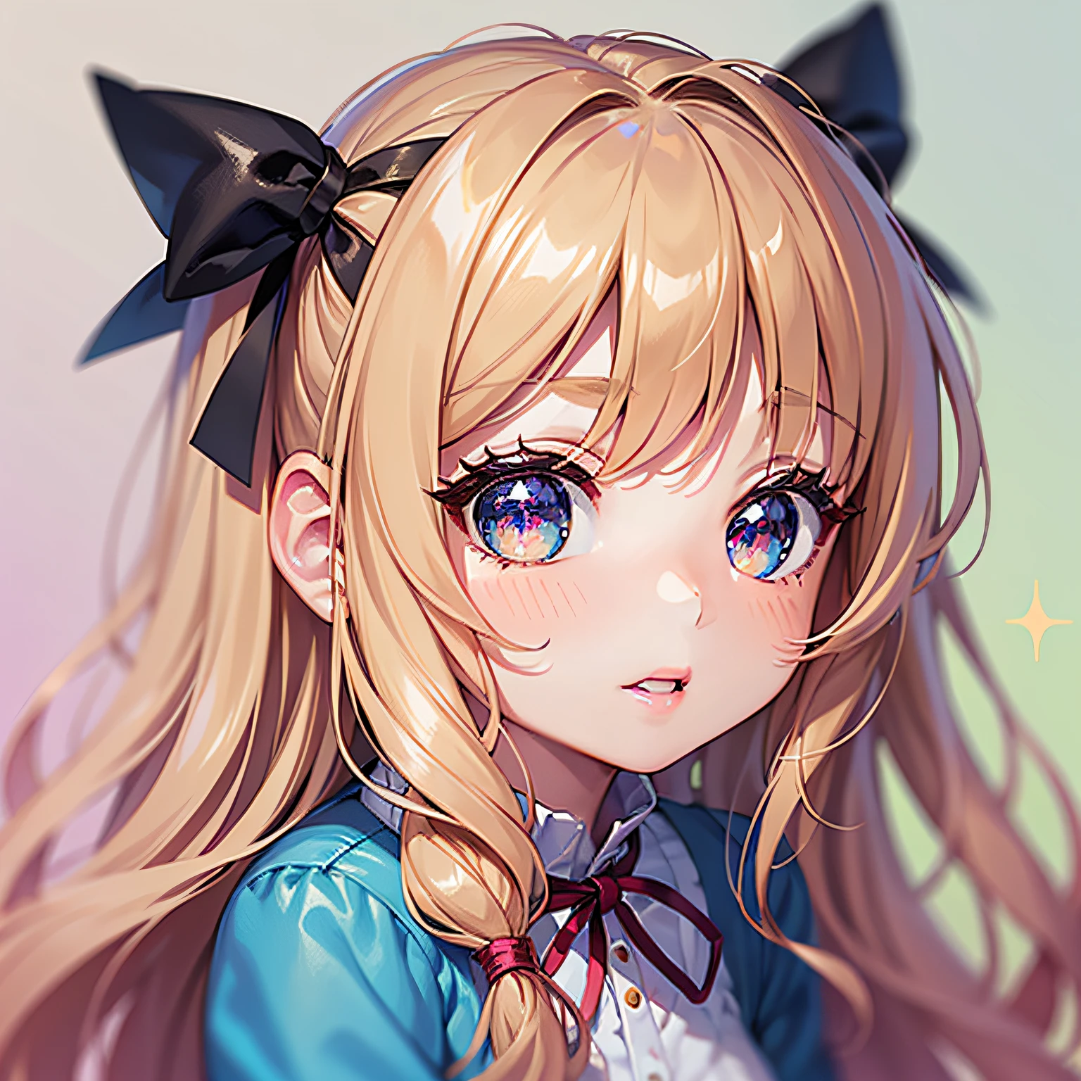 perfect-composition、Perfect pictorial composition、Cartoon girl with long hair、cartoon artstyle、Cartoon Cute Girl、Chibi Girl、Chibi、cute cartoon style、Cute art style、Cartoon style、Cartoon style illustration、Digital art of cartoons、Cute digital art、Cute anime girl、Chibi、estilo chibi、Kawaii Girl、an anime drawing、pop-art、Cartoon style illustration、3Equivalent、Head large、kawaii eyes、Glitter eyes、Sparkling eyes、kawaii faces、Innocent face、smooth hair、a blond、Golden hair、Pink ribbon、Girl in polka dot dress, cute kawaii girl, Cute anime girl, The upper part of the body、oblique、Pink background、tchibi、Has a small、Mini、Chibi、Hair is grated、Hair does not tie、Wearing a red ribbon in her hair