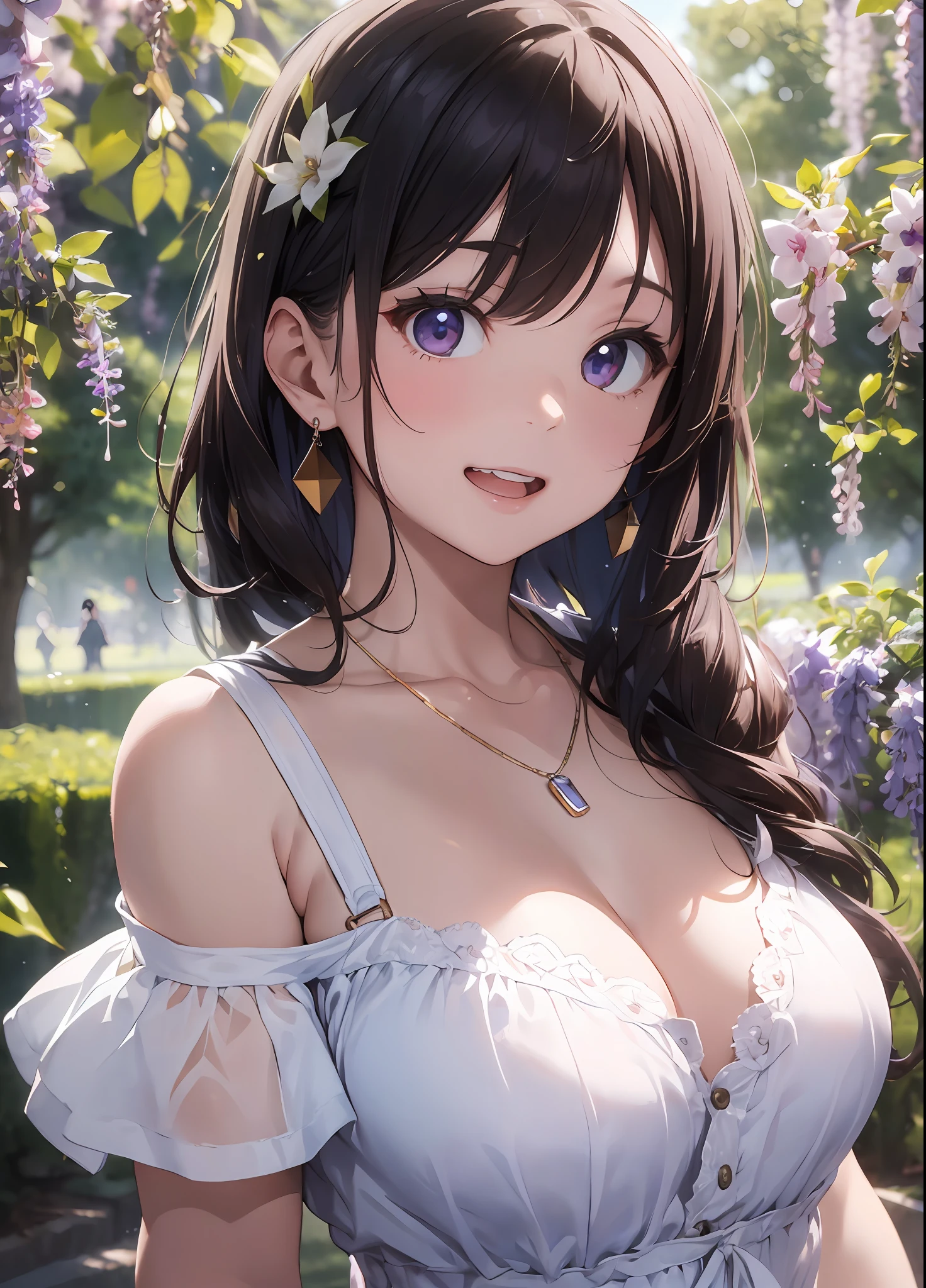 Beautuful Women、(top-quality、in 8K、32K、​masterpiece、nffsw:1.3)、(Photorealsitic:1.4)、Detailed skin、Big laugh、Elegance、top grade、Sunglare、lensflare、Wisteria shelf、Wisteria flower background、Detailed shading by sunlight、depth of fields、blurry backround、( White off-the-shoulder dress)、ear ornament、lady's、a necklace、(A sexy:1.2)、breastsout、