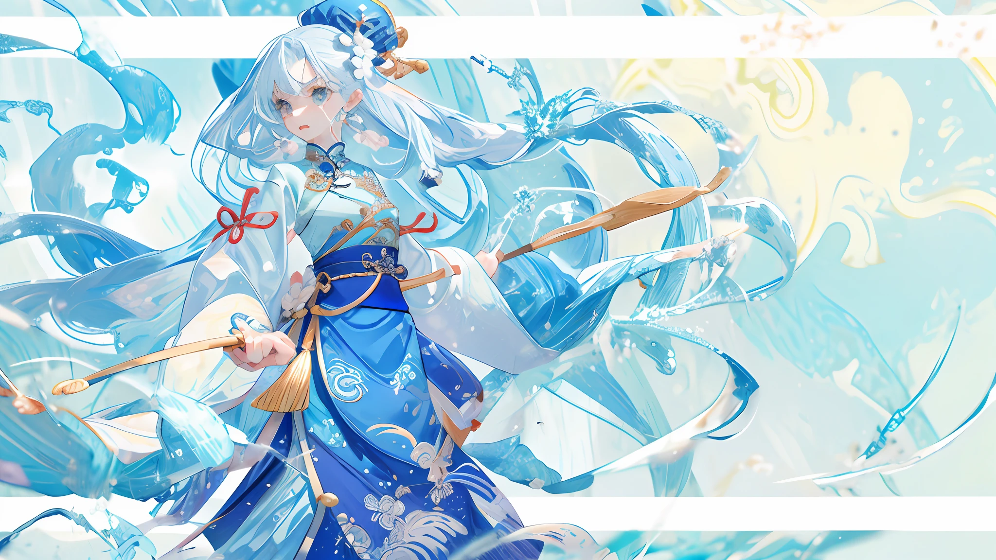 Exquisite facial features,Nice face,best qualtiy,tmasterpiece,ultra - detailed,swell sea,Buble,water flowing,one-girl,White color hair,blue skirts, Ancient Chinese clothing,National style background, 超高分辨率, 1girll,Hide your hands, adolable,Raised sexy,Exposed flesh,seductiv,Big chest, boobs exposed, , childish looks, Kawaii face, Detailed skins,, Chinese ancient style, full bodyesbian, Slim,
