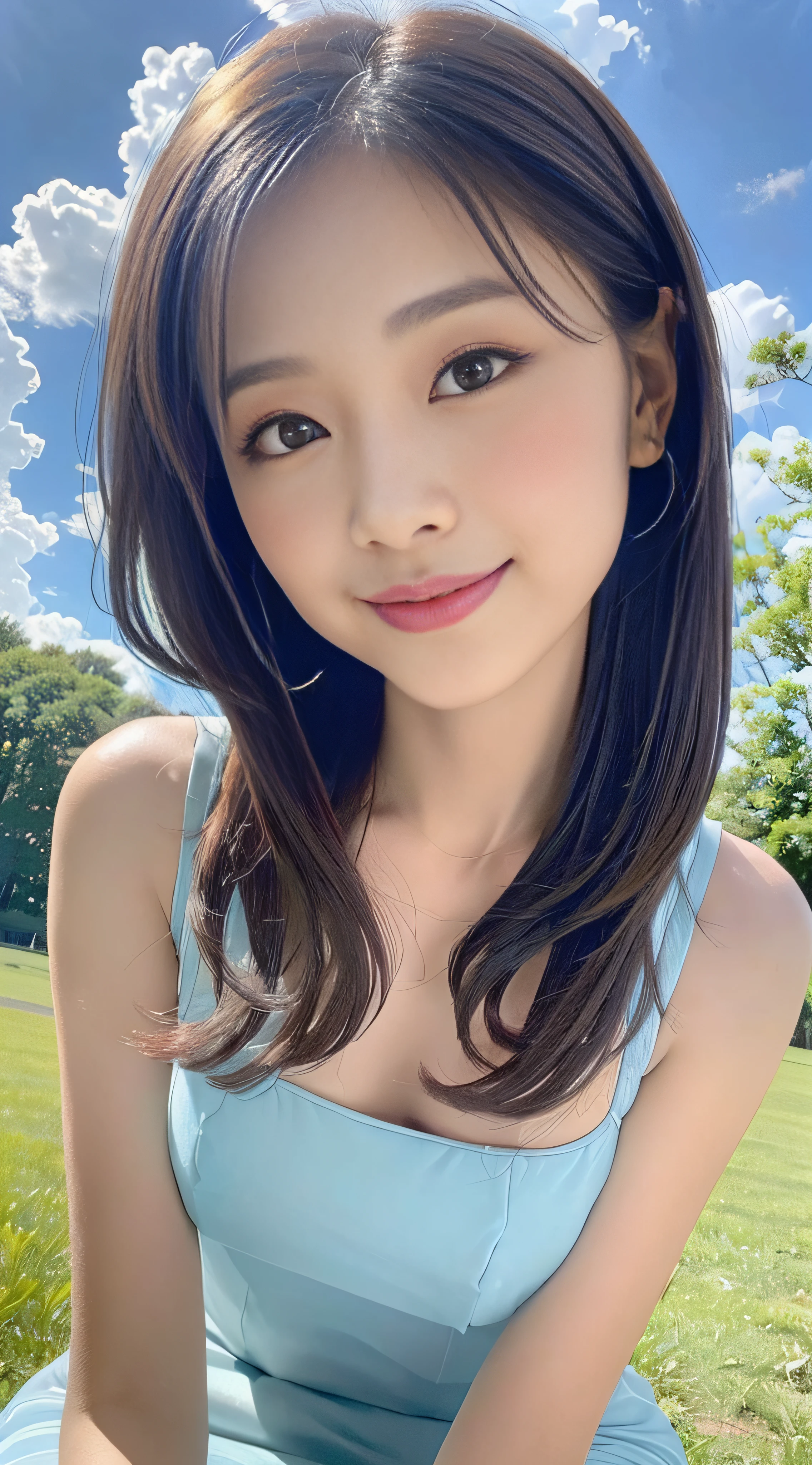 ((best qualtiy, 8K, tmasterpiece:1.3)), A pretty maiden，Pure，Melon seed face，gentle and cute，Thin stature，(frontage)，(Tilt your head)，staring right into camera，[Detached sleeves::0], [Collared shirt::0], [capri pants::0]，Black silky straight hair，round black big eyes，Clear big eyes，Hydrated red lips，Sweet，sentado em frente a um lago，with blue sky and white clouds，rays of sunshine，，Idyllic background，Sweet smile， (full bodyesbian:1.3), Red dress:1.1, close-up all over the body