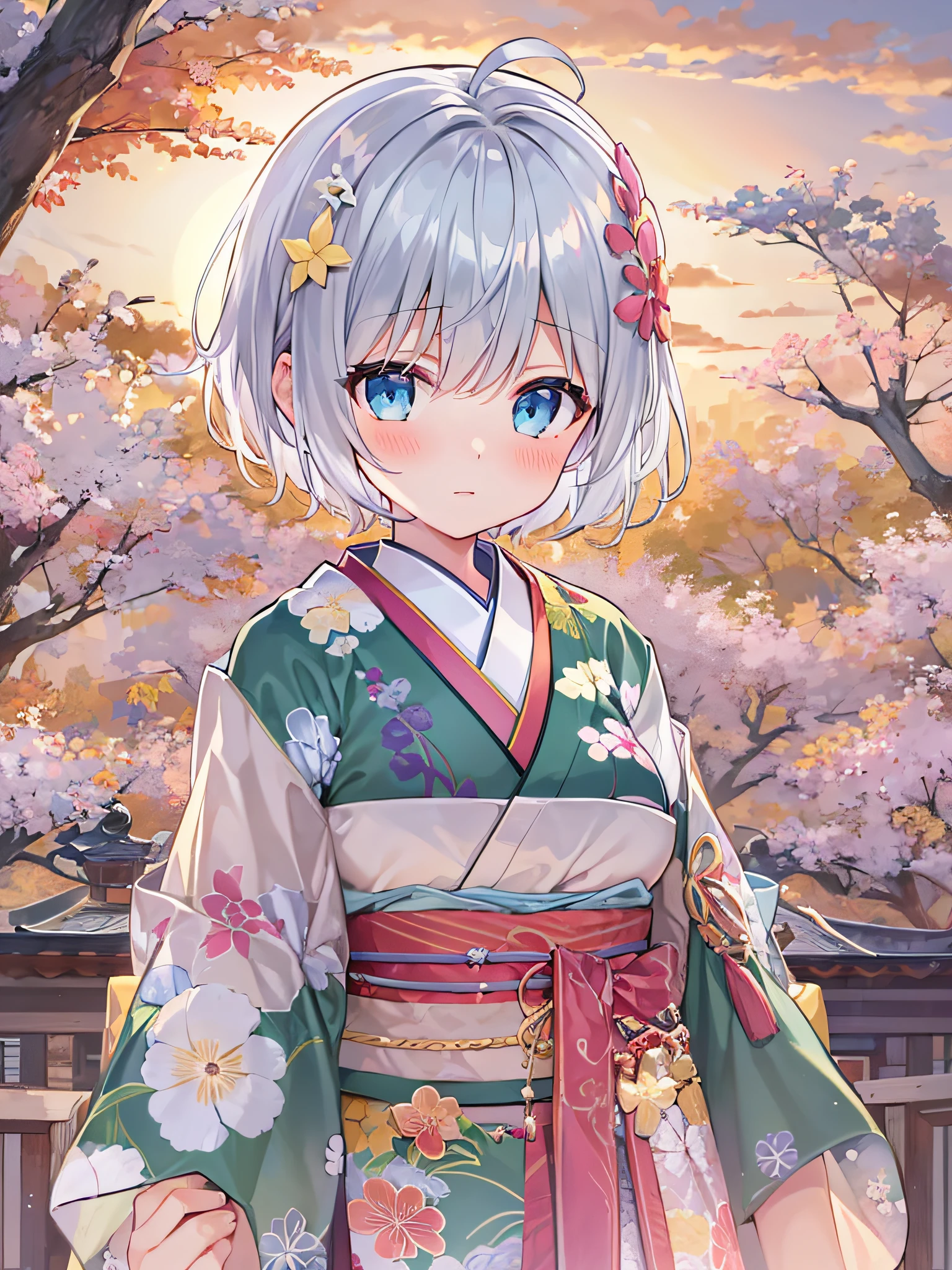 1girl, silver short hair, sky blue eyes, kimono skirt, shrine, cute, blush, medium breast, sunset, best quality++, highest quality++