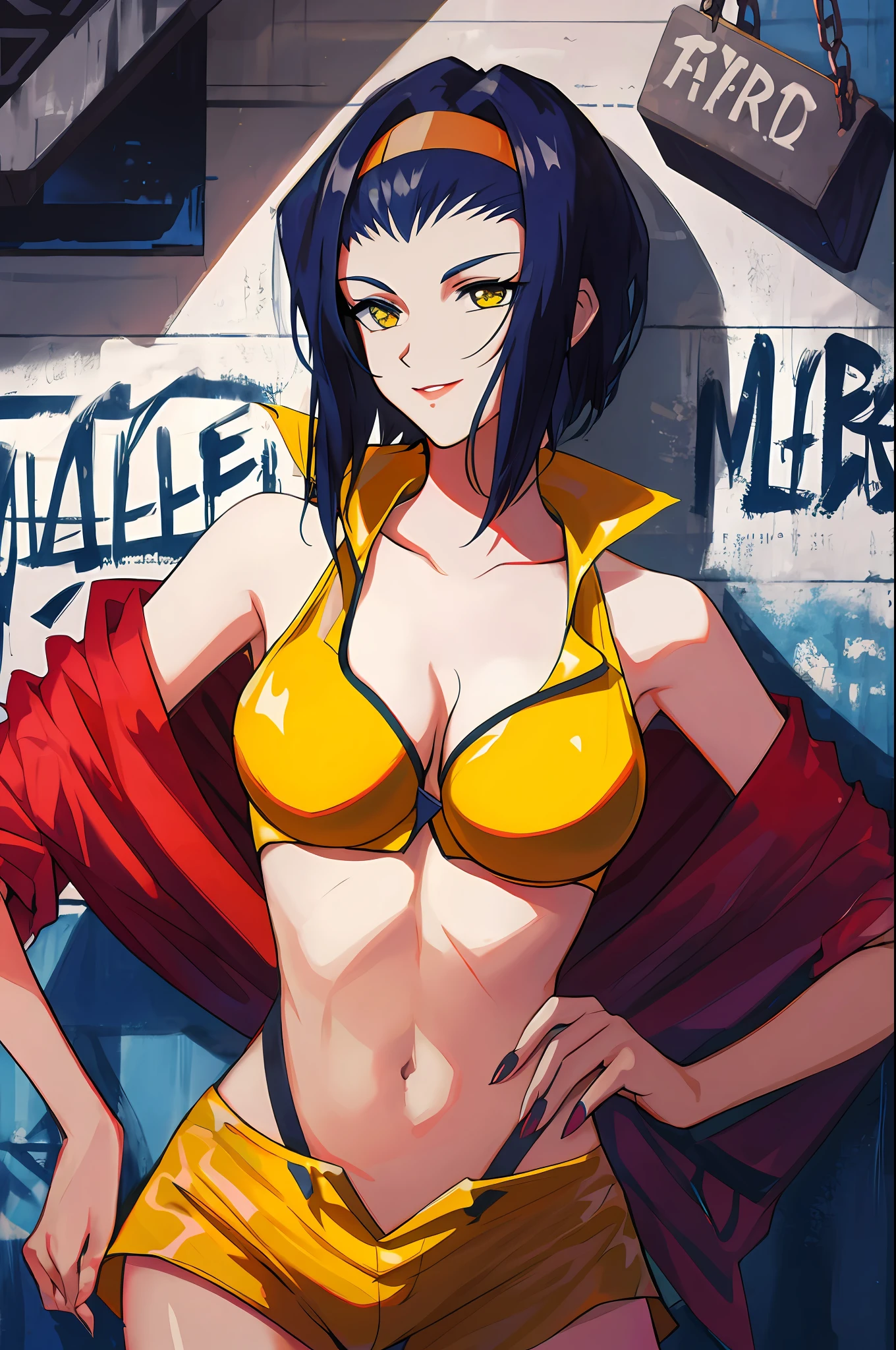 Faye Valentine, 1girl, blue hair, breasts, chain, cleavage, graffiti, hairband, hand on hip, hands on hips, headband, jacket, medium breasts, midriff, nail polish, navel, off shoulder, orange bikini, orange jacket, orange shorts, short hair, short shorts, shorts, signature, smile, solo, traditional media, yellow bikini, yellow hairband, yellow shorts, high res, detailed, intricate, stunning artwork, photo quality