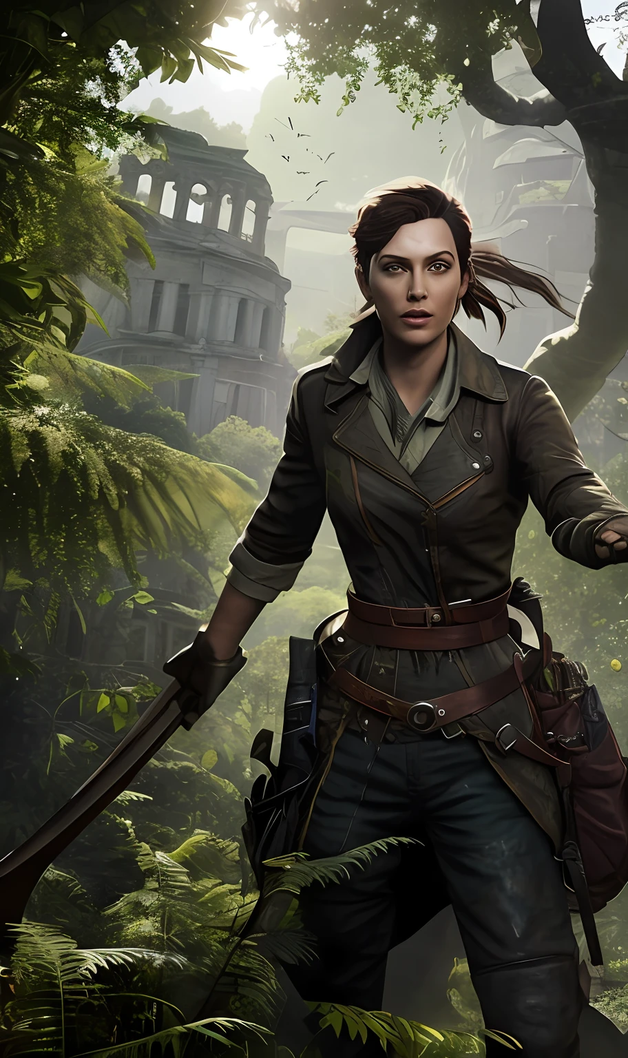 tmasterpiece，Best quality，A high resolution，Ellie Williams in a post-apocalyptic environment，Stand in the middle of a large field surrounded by overgrown greenery，An explorer，looking at viewert，Holding a weapon，A determined expression appeared on his face，(full bodyesbian), (the face:1.5), An ancient city is shown in the background，Covered with dense foliage and forest，(((Huge pterosaurs flew through the air)))，You can see the remains of the building through the greenery、rays of sunshine、sun rays peeking through the trees，Unique fusion of nature，Reclaim the ruins of the former city and the city that once stood，concept-art，Naughty Dog Studio，Highly detailed face，Popular on artstation，Popular on CGsociety，复杂，high detal，highly  detailed，Sharp focus，dramatics，realisticlying，realisticlying，sci-fy，fanciful，rendering by octane，ROW photo，depth of fields，rays of sunshine，