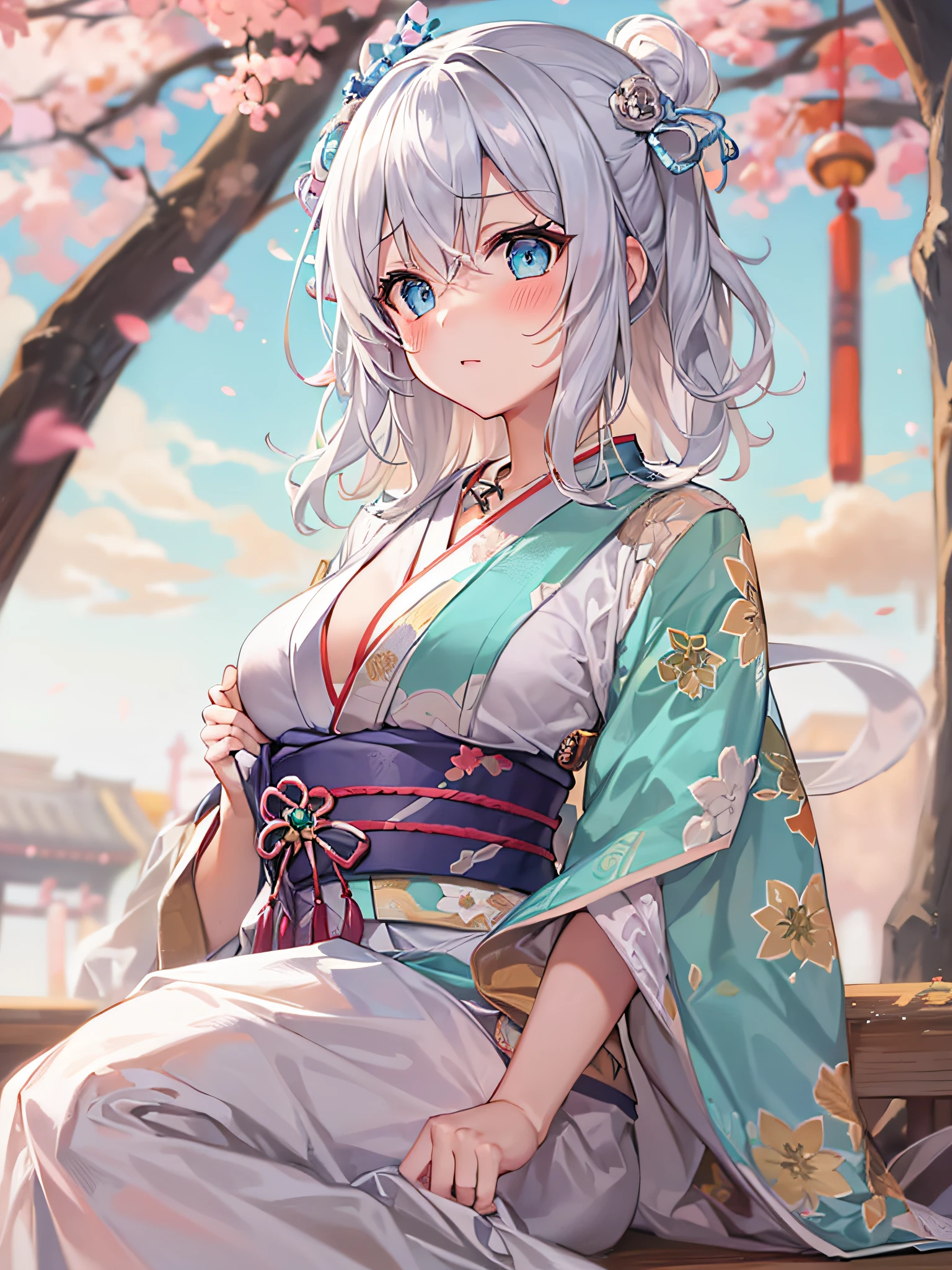 1girl in, Silver medium hair, sky-blue eyes, kimono skirt, shrines, Cute, blush, medium breasts⁩, Sunset, Best Quality++, Highest Quality++, full bodyesbian