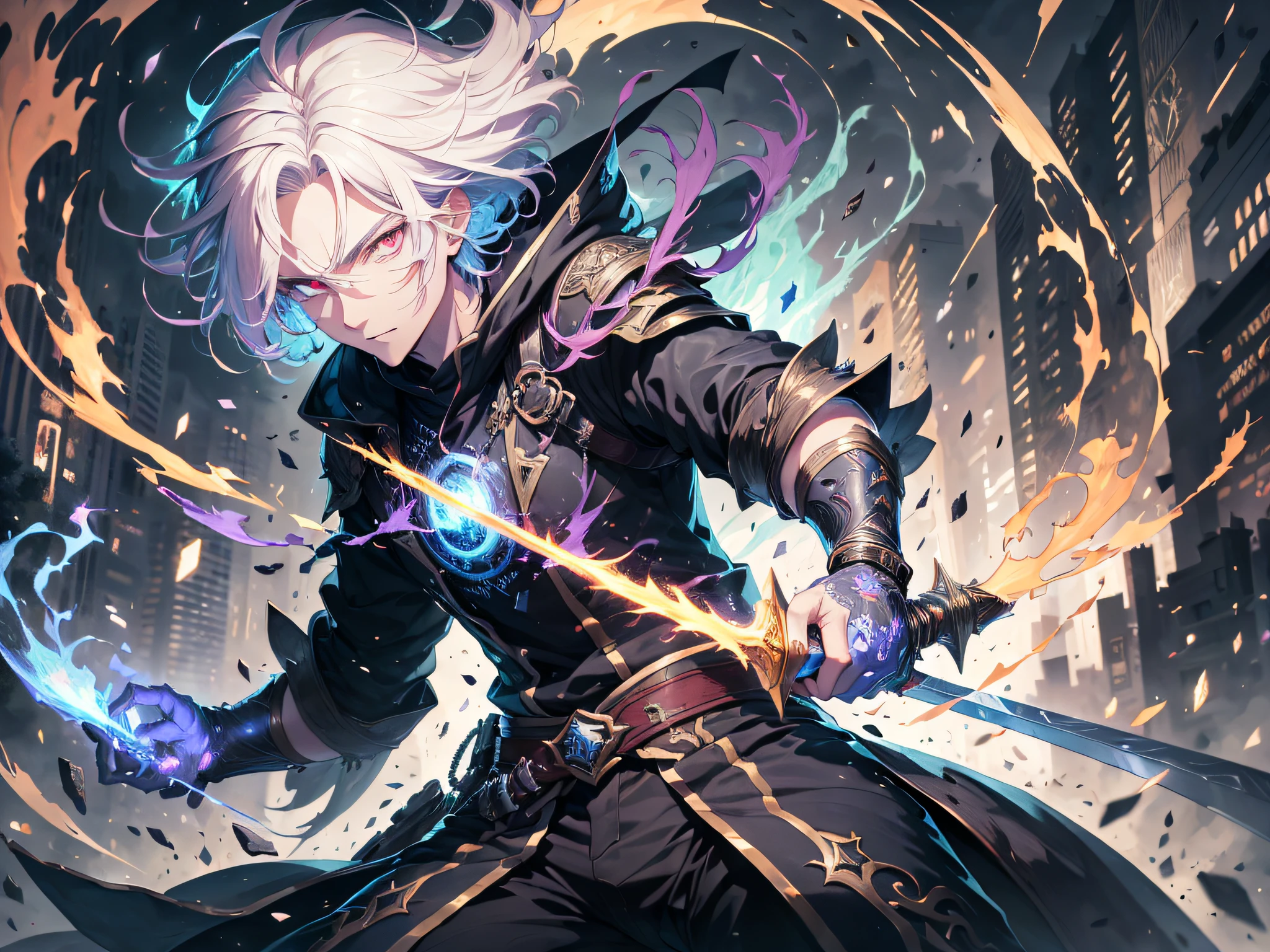 (absurdres, highres, ultra detailed), masterpiece, best quality, a man in a black outfit wielding a duel-swords, with large sword, a swords surrounded by blue flame, official character art, very short hair, white hair, vibrant red eye, finely eye, detailed face, detailed hair, ruined city, dark background, full body view, spark, vortex, swirl, celestial, from below, look down, cowboy shot,