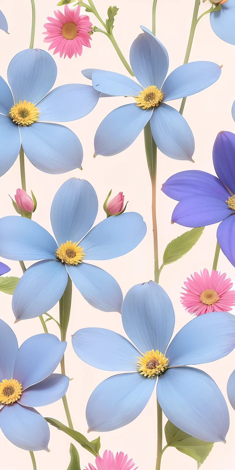 There are many blue flowers,The center is pink and yellow, patchy flowers, inspired by Annabel Kidston, stylized painterly, Flower background, floral patterns, opulent, flower power motifs, stylized flowers, strawberry embellishment, flower, flowers in the background, Repeating pattern, pastel flowery background, floral motives, smeared flowers, floral wallpaper