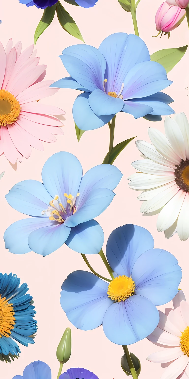 There are many blue flowers,The center is pink and yellow, patchy flowers, inspired by Annabel Kidston, stylized painterly, Flower background, floral patterns, opulent, flower power motifs, stylized flowers, strawberry embellishment, flower, flowers in the background, Repeating pattern, pastel flowery background, floral motives, smeared flowers, floral wallpaper