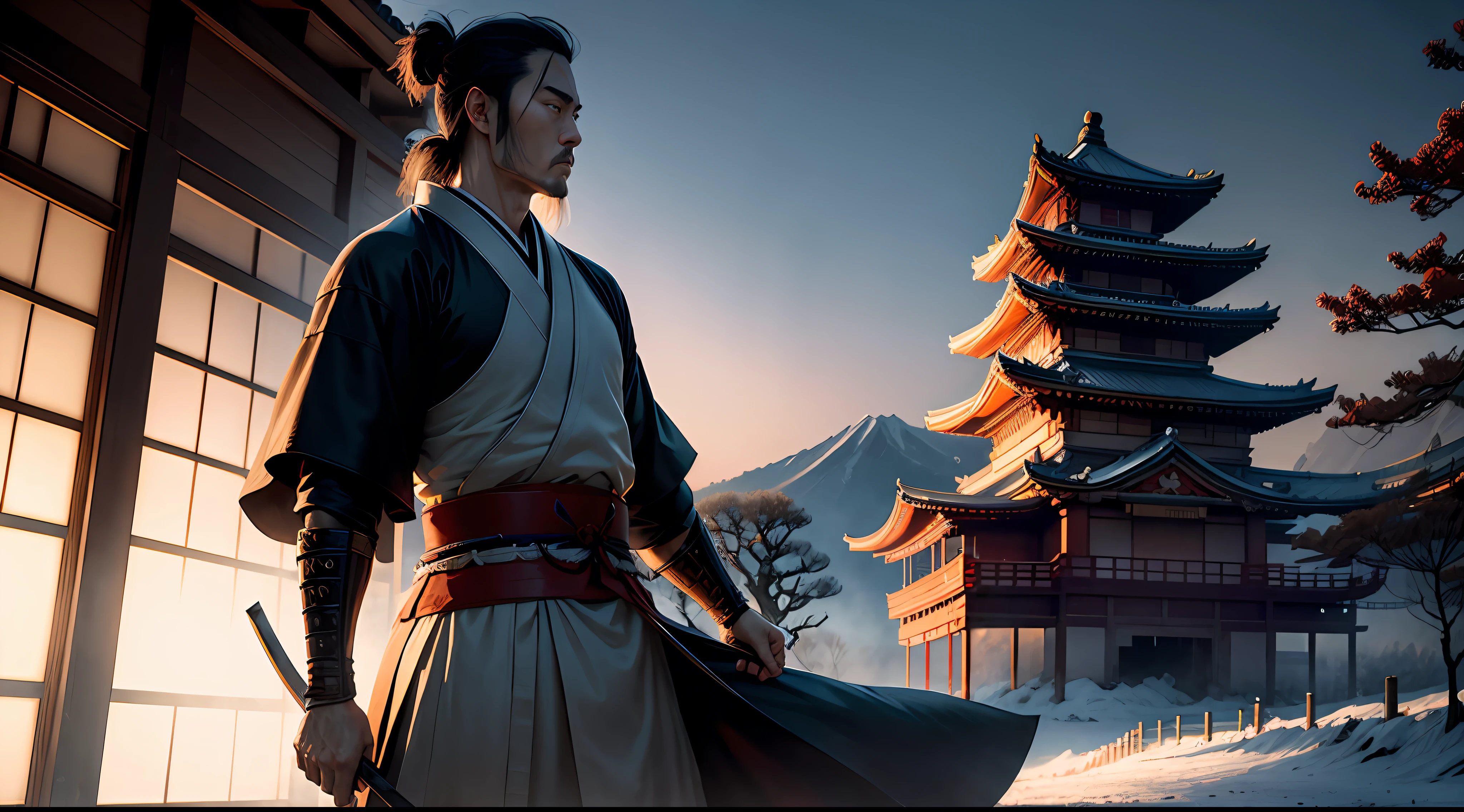 The Japanese samurai pulls out his knife and turns his back to the camera,Japanese palace in background,epic sense,Feelings of despair,cold shades,Cinematic lighting effects --auto
