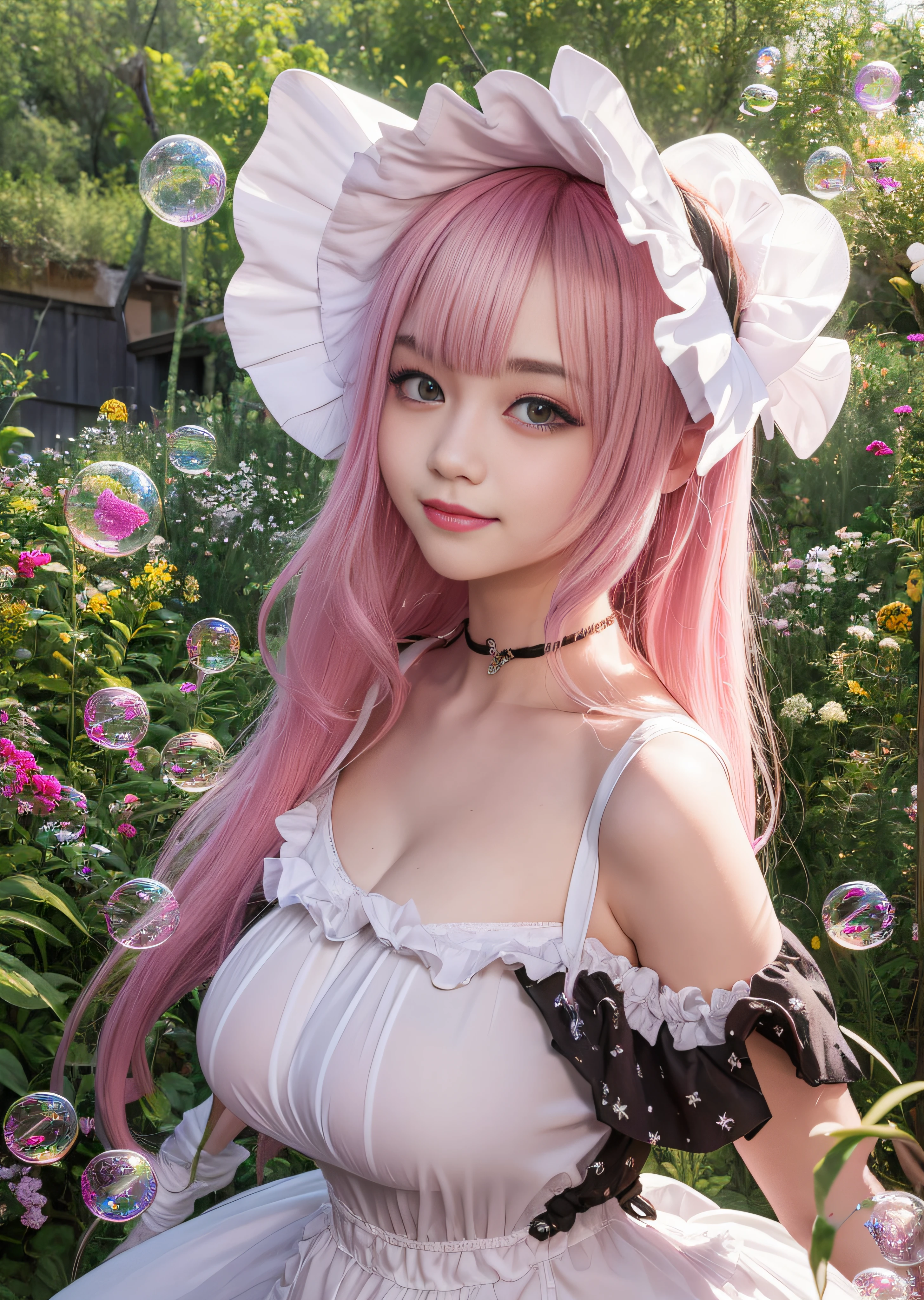 Pink hair、A smile、Pink costume、hugetits、hugetits、Delusional milk、Transverse breasts、Lower breast、Hami milk、Covered in bubbles、((Covered in soap bubbles))、Beautiful cute flowers、Gentle light is shining、length hair、Twin-tailed、Bun head、(((Pink French Maid)))、kawaii faces、uniformss、In the flower garden、grass field
