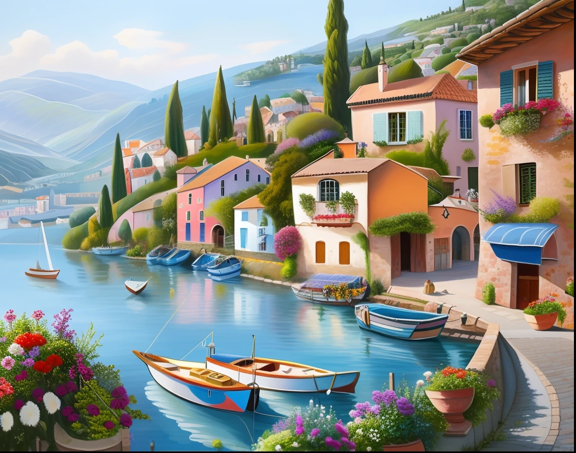 Draw a village with boats and flowers, scenery art detailed, painting of beautiful, of a small village with a lake, painting of beautiful, Mediterranean fishing village, rich picturesque colors, small port village, quaint village, plethora of colors,detail-rich, Beautiful cityscape, mediterranean vista, inspired by Guido Borelli da Caluso, landscape artwork