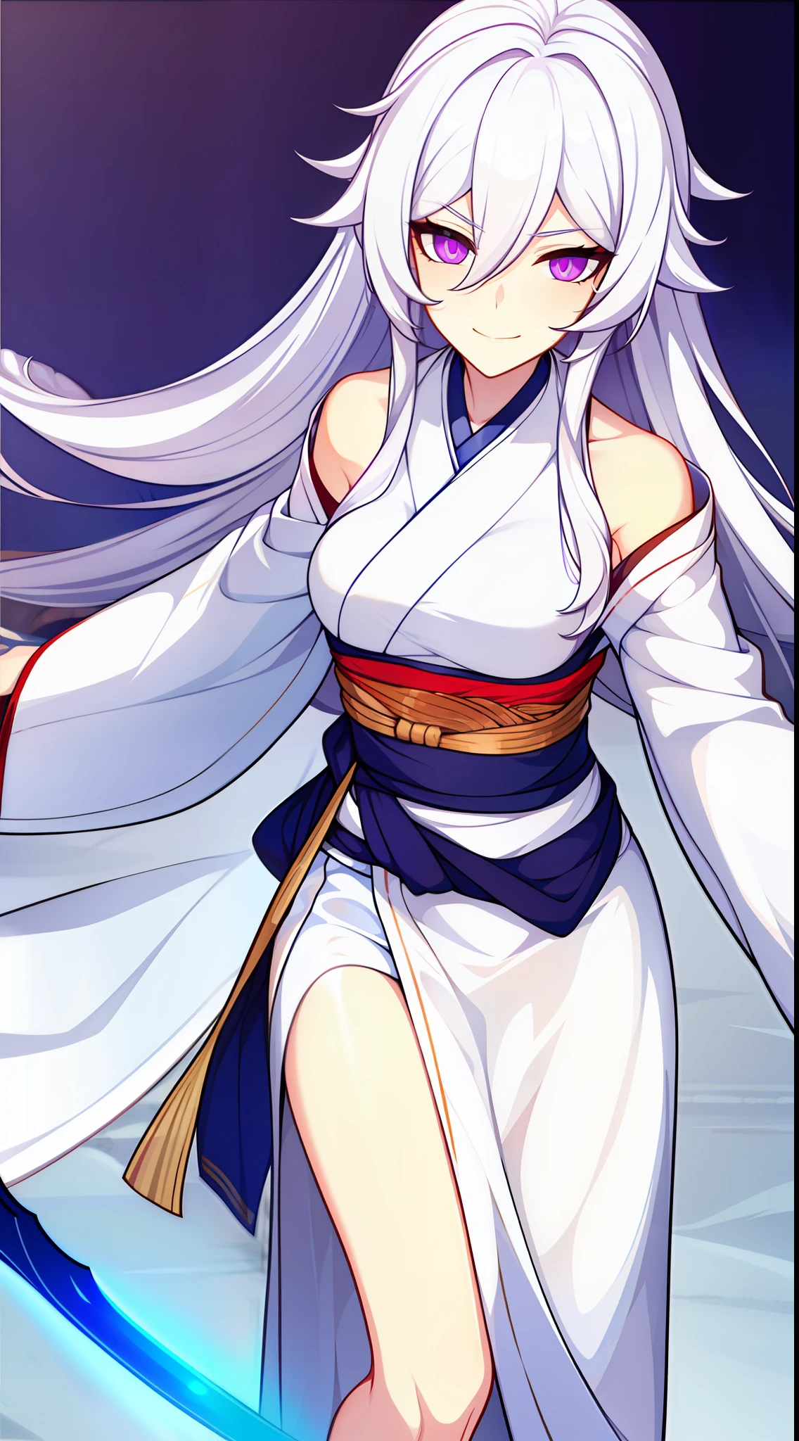 Fashionable girl, Long white hair, violet eyes, White Hanfu, smirk, open breasts, a sword, Masterpiece, hiquality