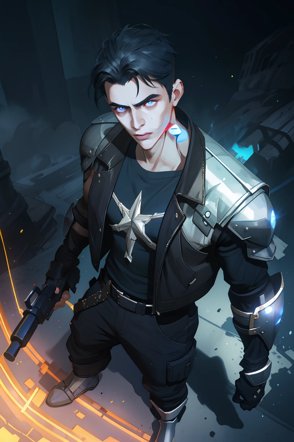 (masterpiece, best quality), 1 male, solo, adult, handsome, tall muscular guy, broad shoulders, finely detailed eyes and detailed face, extremely detailed CG unity 8k wallpaper, intricate details, intricate details, very short hair, undercut, grunge, serious expression, big arms, dark, old leather jacket, white t-shirt, medieval dark leg armor pants, neon motion stream, glowing lights, Grenade Launcher weapon, bright white energy streams of lights, rim lighting, sf, Apocalypse, from above