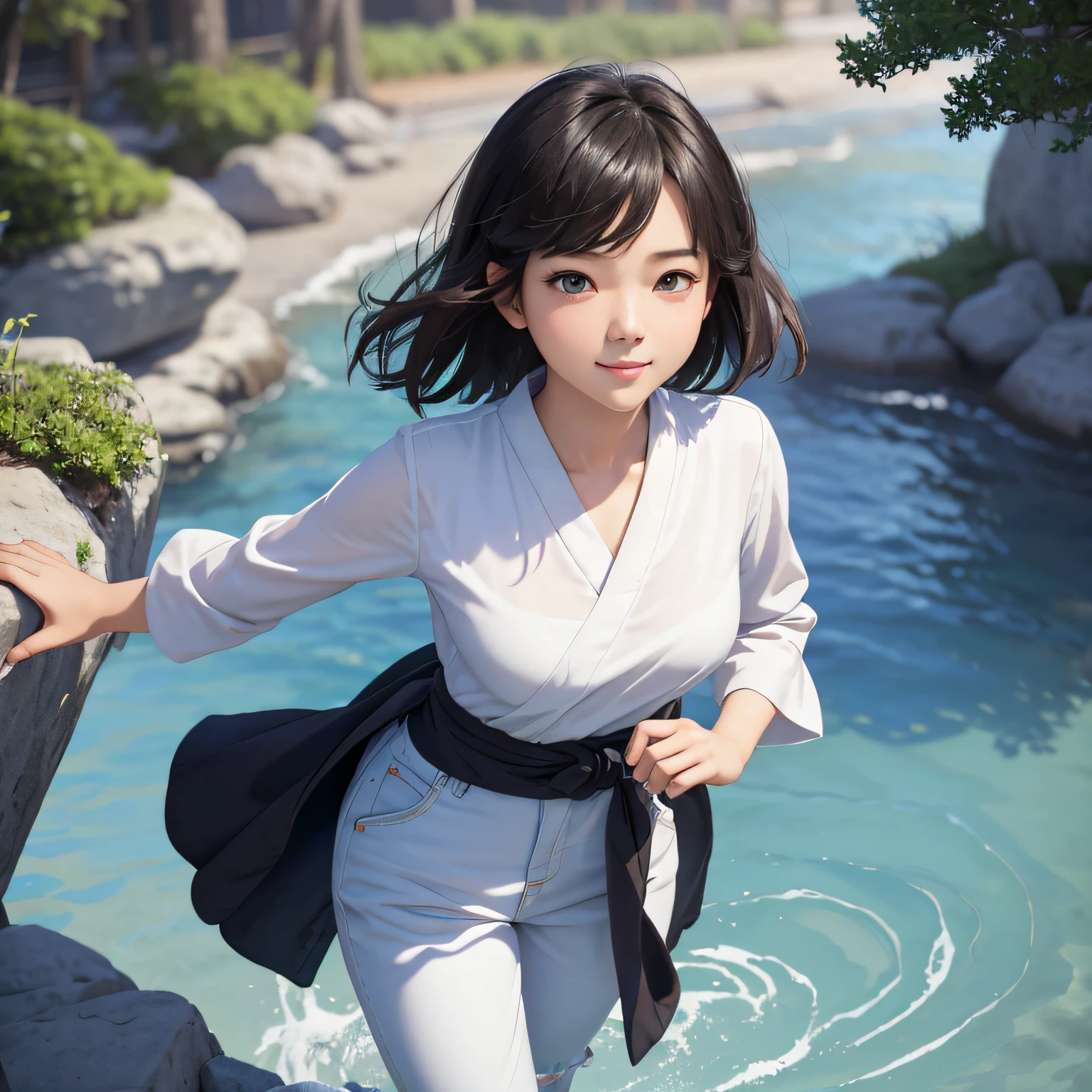 Asian girl with short black hair. Smiles gently. I want her to be finished as in the photograph. She is pensive, thinking of her lover. She enjoys camping.
Her eyes are round and tarty.
A Japanese girl with a bright atmosphere.
Her age is 19.
((Masterpiece, Detail, High Quality, )), (Natural Light), (Full Length Detail), Legs Showing, White Shirt and Jeans, Ultra Realistic, Beautiful Japanese Face, Girl,Looking Opposite Way, Focused Eyes, Dark Hair, Silky Short Hair Floating In Air, Close-Up, BREAK, Princess, Ultra Realistic, --ar 2:3, gently smiling, photo finish,
photorealism, full body,
female, mixed media, collage work, Rockwell, bright colors, very delicate and beautiful girl, bright colors, full body, eyelashes, standing, thin blush, girl, female, dark hair, imagined, color, flat surface, character design,Studio Ghibli style, low polygon, soft lighting, retro aesthetic, 8K resolution, using Cinema 4D, --auto