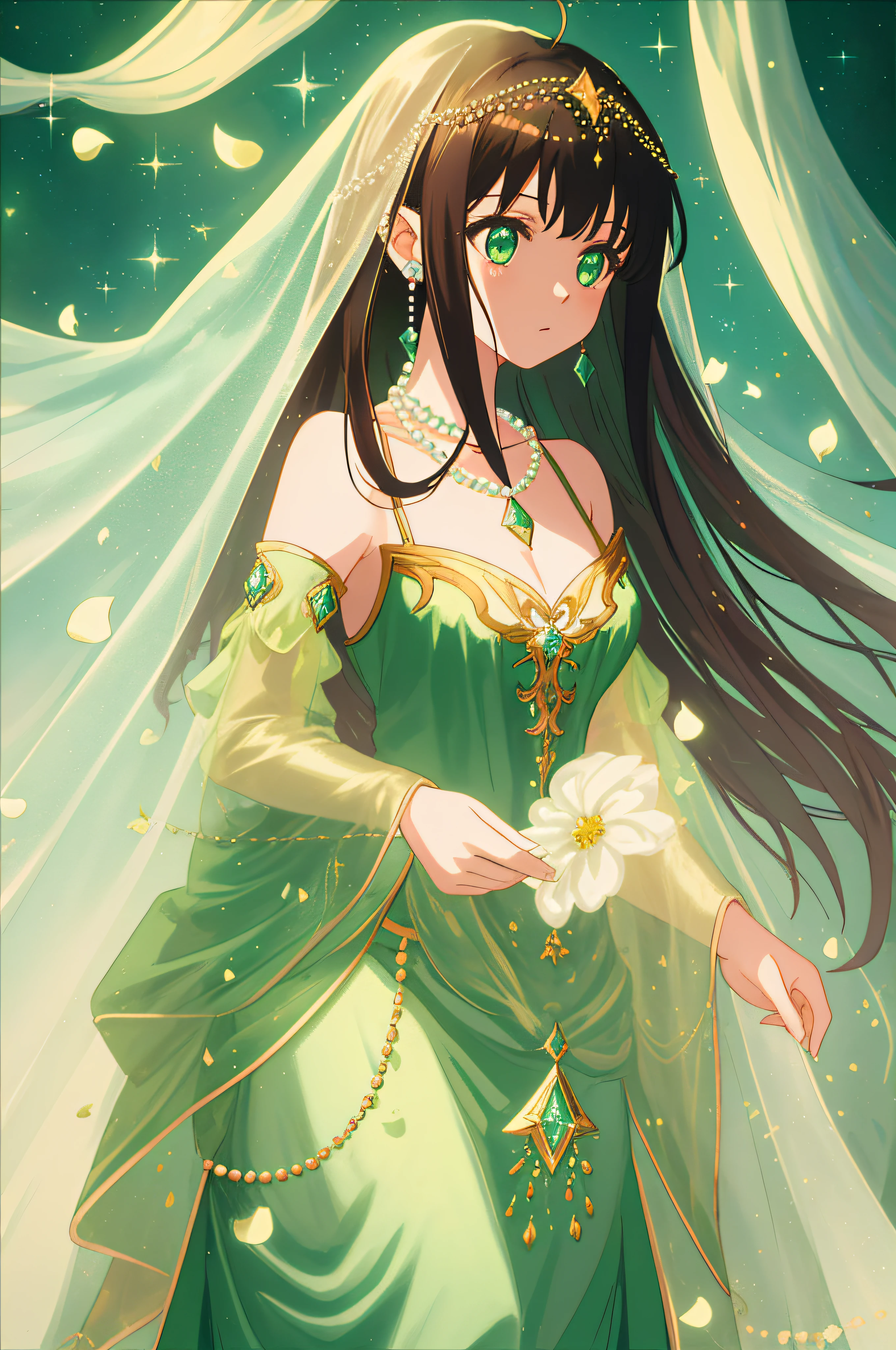 8K,best qualtiy,tmasterpiece,anime big breast,1girll,brunette color hair,The princess cuts the bangs,Coiled hairstyle,Gorgeous hair accessories,Floating yarn,Veil,a beauty girl,Slender figure,flatchest,耳Nipple Ring,pearls necklace,Stand up,Golden Princess dress,Normal attire,Not exposed,Normal hands,Light green velvet curtain background,Embellished with fantastic gemstones,diamond,As estrelas,petals,pearls,Dreamy atmosphere,Look sideways at the camera