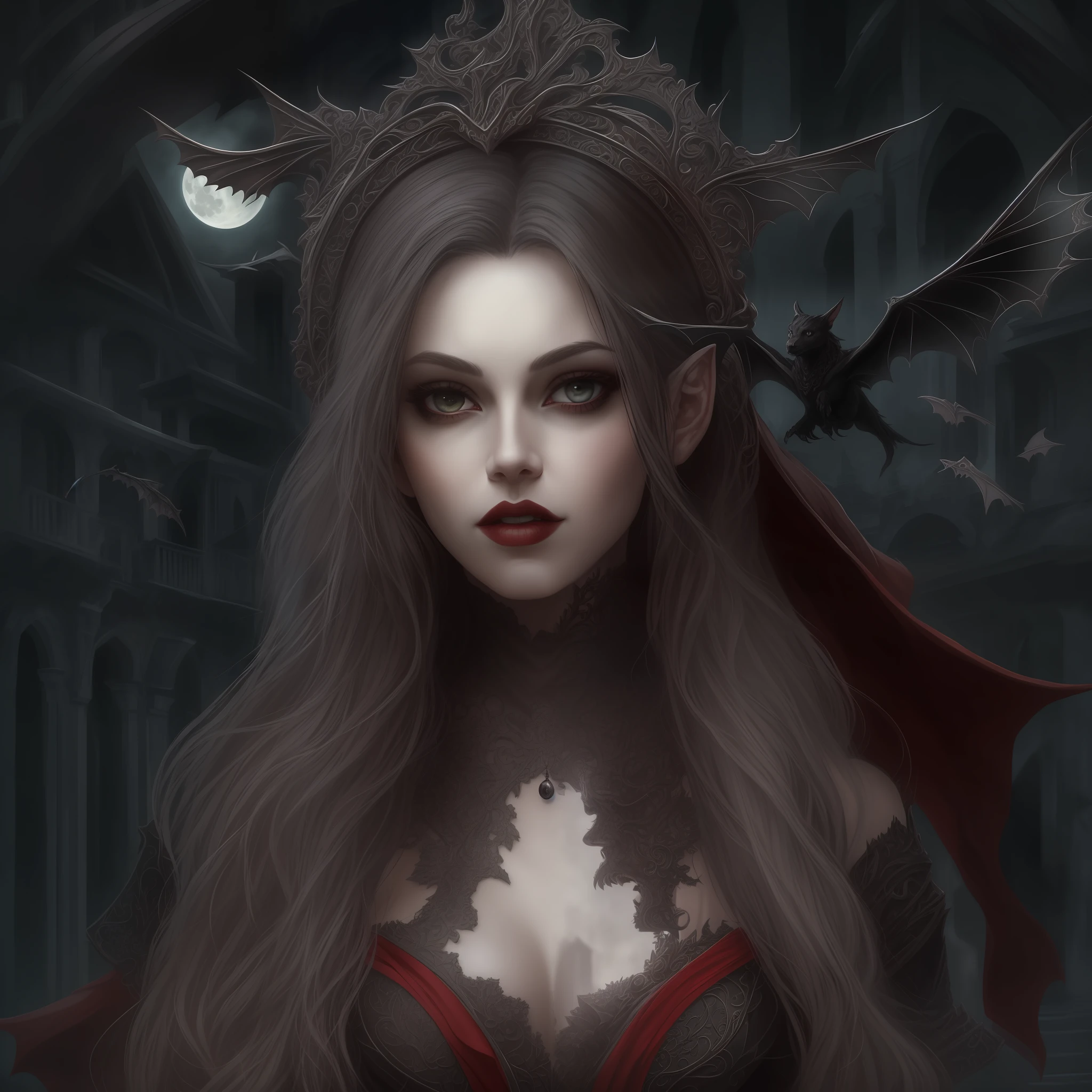 arafed, dark fantasy art, gothic art, (masterpiece:1.5), full body best details, highly detailed, best quality, highres, full body portrait of a vampire, elf (1.6, Masterpiece, best quality), ultra feminine (1.4 intricate details, Masterpiece, best quality) with a long curvy hair, dark color hair, red eyes (1.3 fantasy art, Masterpiece, best quality), ((beautiful delicate face)), Ultra Detailed Face (1.4 intricate details, fantasy art, Masterpiece, best quality), [visible vampiric fangs] (1.6 intricate details, fantasy art, Masterpiece, best quality), [anatomically correct] red cloak, flowing cloak (1.4 intricate details, fantasy art, Masterpiece, best quality), wearing an intricate leather black dress (1.4 intricate details, gothic art, Masterpiece, best quality), high heeled boots, urban background (intense details, beat details), fantasy, at night light, natural ,moon light, soft moon light, moon rays, clouds, gothic atmosphere, gothic street background, bats flying in backgrouns, soft light, dynamic light, [[anatomically correct]], high details, best quality, 8k, [ultra detailed], masterpiece, best quality, (extremely detailed), dynamic angle, ultra wide shot, RAW, photorealistic