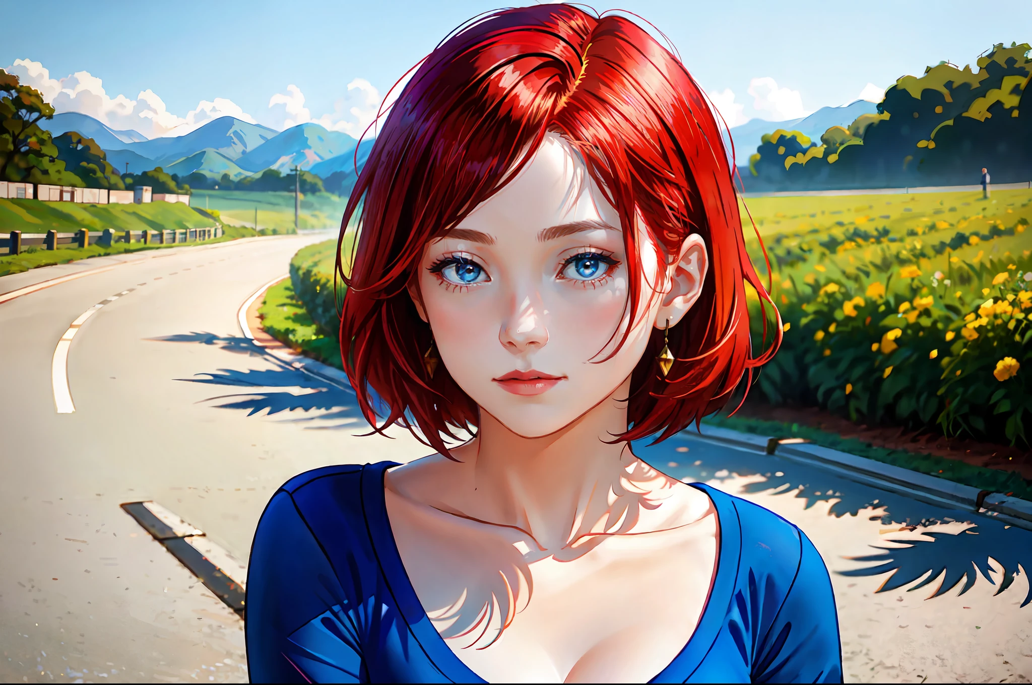 there is a young woman with a short hair and a blue shirt, a redheaded young woman, soft portrait shot 8 k, photo of young woman, perfectly centered portrait, 7 0 mm portrait, red haired young woman, 4 k asymmetrical portrait, head centered portrait, 60mm portrait, landscaape