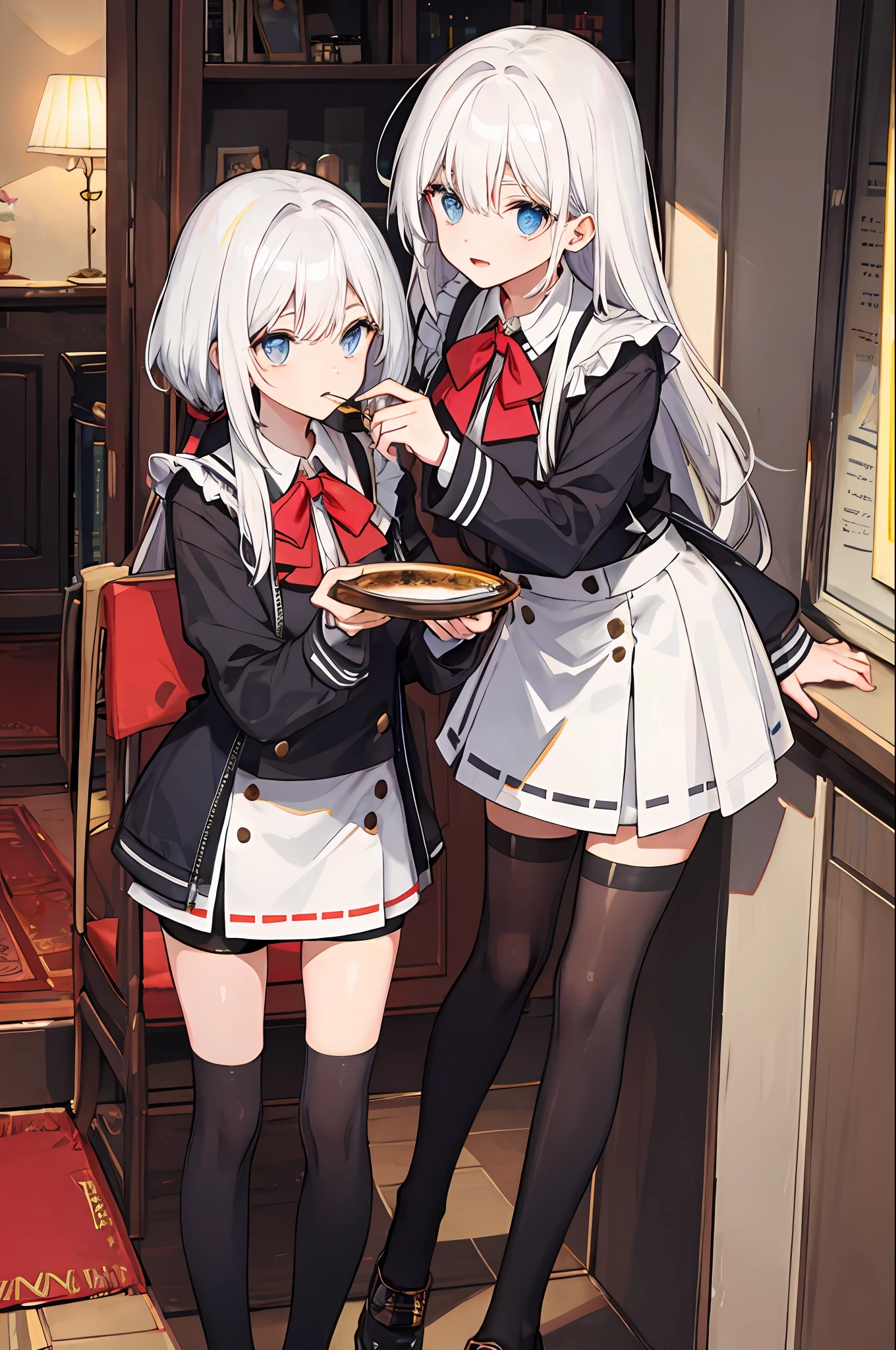 ,twins,white hair,stockings,mature female,