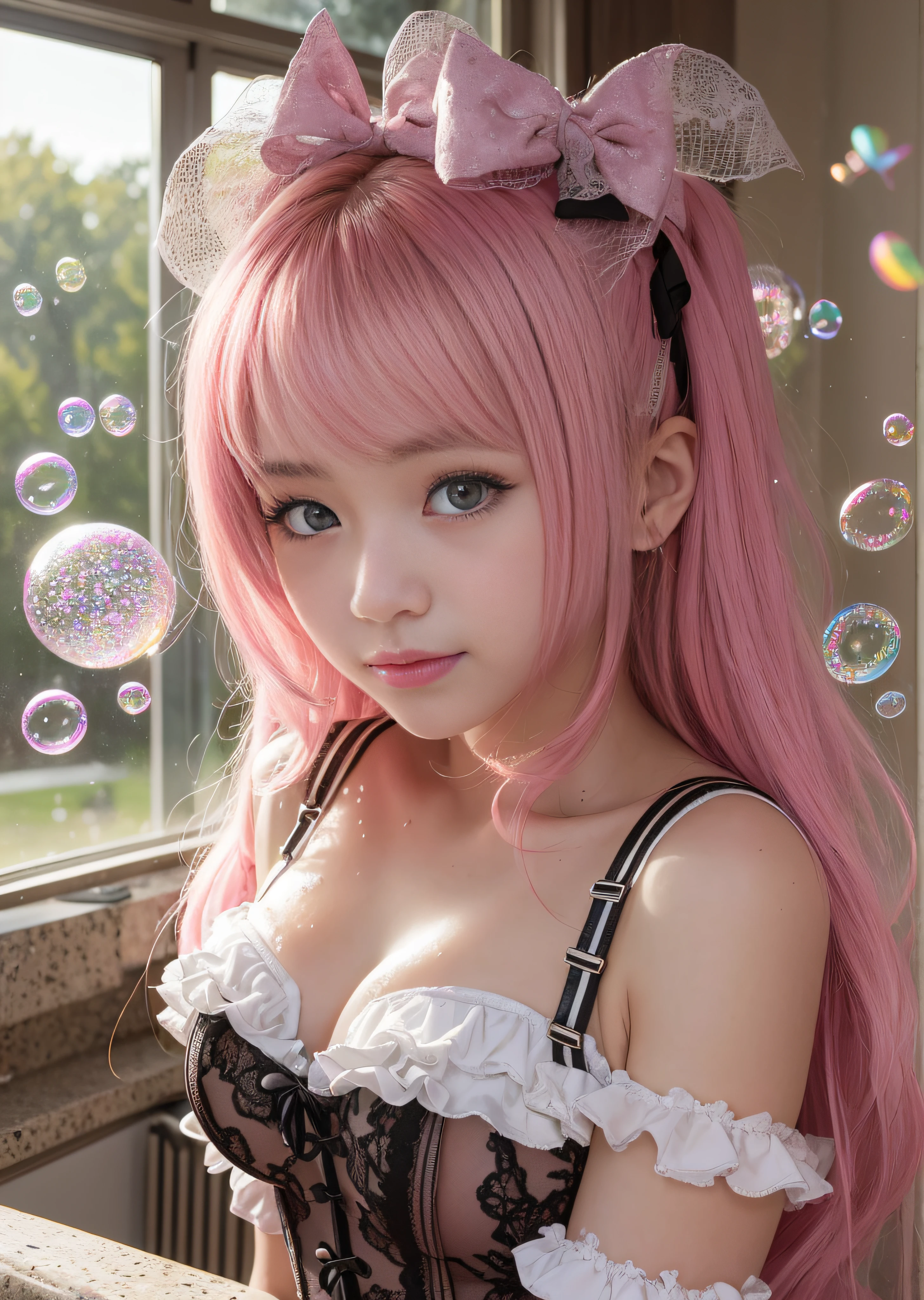 Pink hair、A smile、Pink costume、hugetits、hugetits、Delusional milk、Transverse breasts、Lower breast、Hami milk、Taking a bubble bath、Covered in bubbles、((Covered in soap bubbles))、Beautiful cute flowers、Gentle light is shining、length hair、Twin-tailed、Bun head、(((corsets、french maids)))、kawaii faces、girl、uniformss、Lolita、Young wife