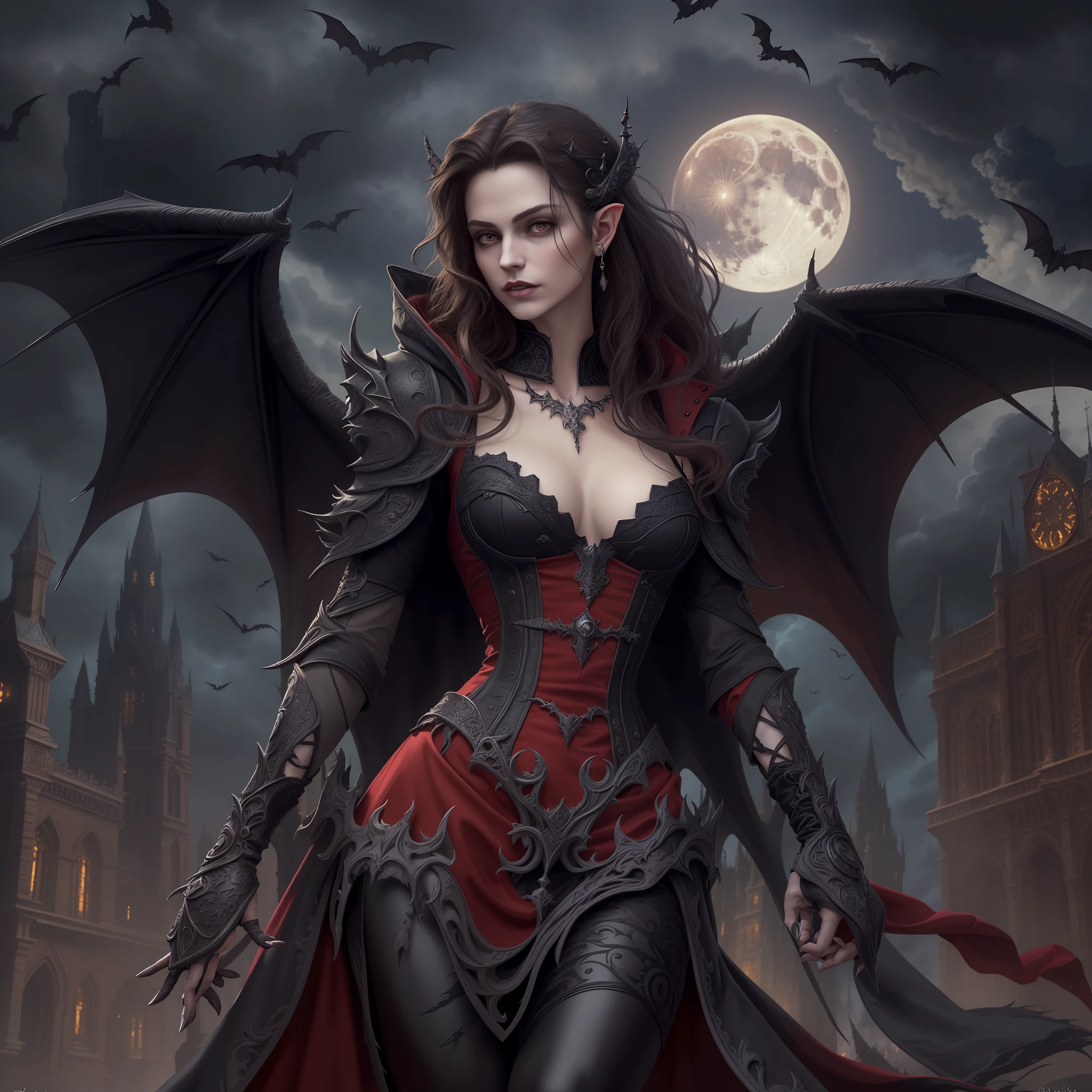 arafed, dark fantasy art, gothic art, (masterpiece:1.5), full body best details, highly detailed, best quality, highres, full body portrait of a vampire, elf (1.6, Masterpiece, best quality), ultra feminine (1.4 intricate details, Masterpiece, best quality) with a long curvy hair, dark color hair, red eyes (1.3 fantasy art, Masterpiece, best quality), ((beautiful delicate face)), Ultra Detailed Face (1.4 intricate details, fantasy art, Masterpiece, best quality), [visible vampiric fangs] (1.6 intricate details, fantasy art, Masterpiece, best quality), [anatomically correct] red cloak, flowing cloak (1.4 intricate details, fantasy art, Masterpiece, best quality), wearing an intricate leather black dress (1.4 intricate details, gothic art, Masterpiece, best quality), high heeled boots, urban background (intense details, beat details), fantasy, at night light, natural ,moon light, soft moon light, moon rays, clouds, gothic atmosphere, gothic street background, bats flying in backgrouns, soft light, dynamic light, [[anatomically correct]], high details, best quality, 8k, [ultra detailed], masterpiece, best quality, (extremely detailed), dynamic angle, ultra wide shot, RAW, photorealistic