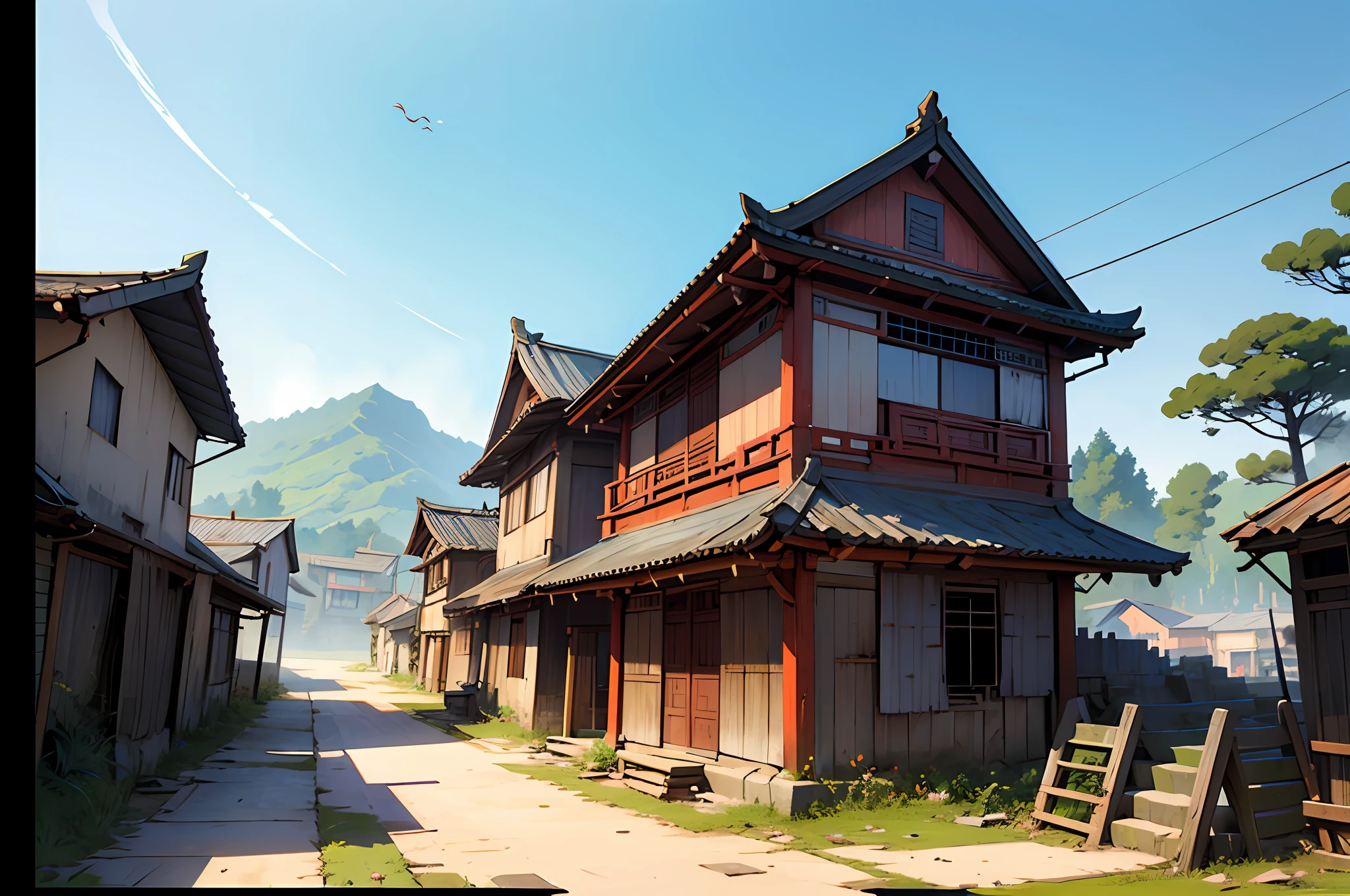 Scene map, rural China, flat view, no people, ancient Chinese style, dilapidated. 4K, bright colors. Anime fights trends on the sky. Ultra-high resolution. --auto