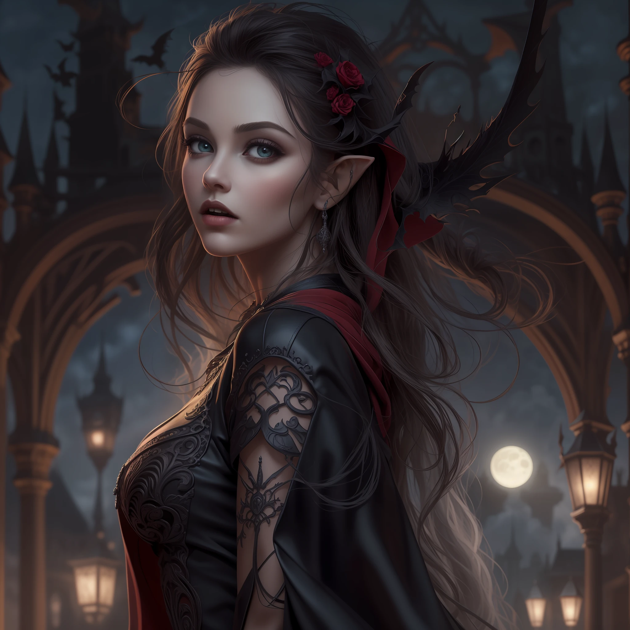 arafed, dark fantasy art, gothic art, (masterpiece:1.5), full body best details, highly detailed, best quality, highres, full body portrait of a vampire, elf (1.6, Masterpiece, best quality), ultra feminine (1.4 intricate details, Masterpiece, best quality) with a long curvy hair, dark color hair, red eyes (1.3 fantasy art, Masterpiece, best quality), ((beautiful delicate face)), Ultra Detailed Face (1.4 intricate details, fantasy art, Masterpiece, best quality), [visible vampiric fangs] (1.6 intricate details, fantasy art, Masterpiece, best quality), [anatomically correct] red cloak, flowing cloak (1.4 intricate details, fantasy art, Masterpiece, best quality), wearing an intricate leather black dress (1.4 intricate details, gothic art, Masterpiece, best quality), high heeled boots, urban background (intense details, beat details), fantasy, at night light, natural ,moon light, soft moon light, moon rays, clouds, gothic atmosphere, gothic street background, bats flying in backgrouns, soft light, dynamic light, [[anatomically correct]], high details, best quality, 8k, [ultra detailed], masterpiece, best quality, (extremely detailed), dynamic angle, ultra wide shot, RAW, photorealistic